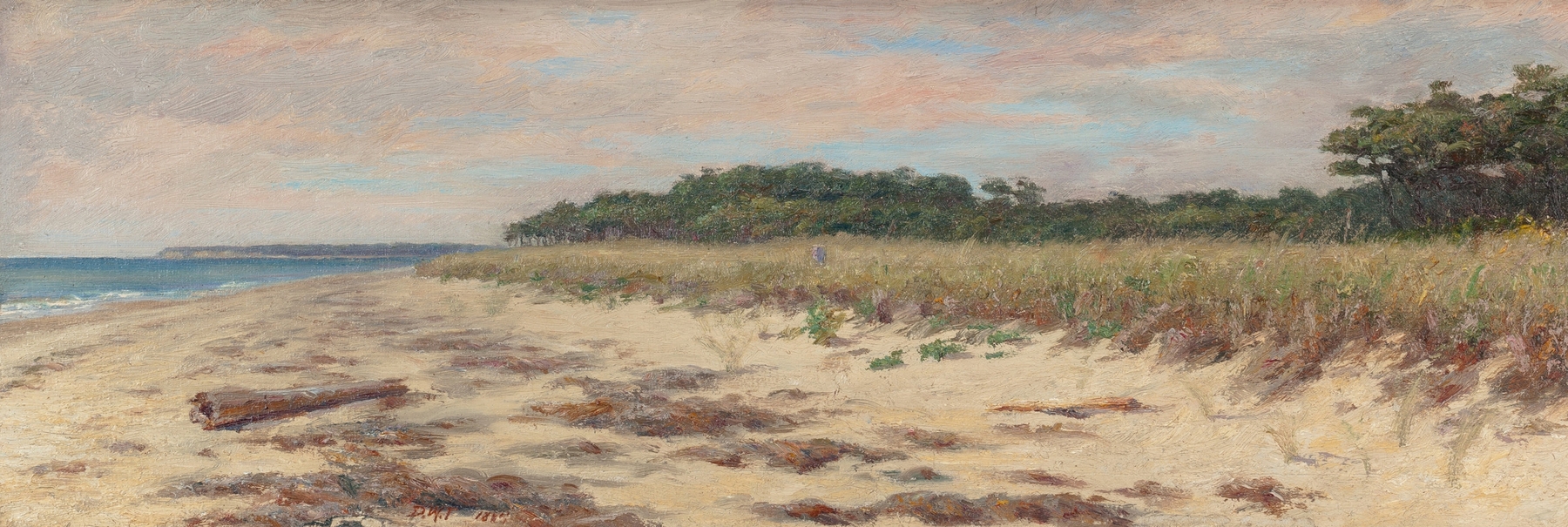 Coastal Scene by Dwight William Tryon, oil on canvas depicting ocean waves and sandy shore