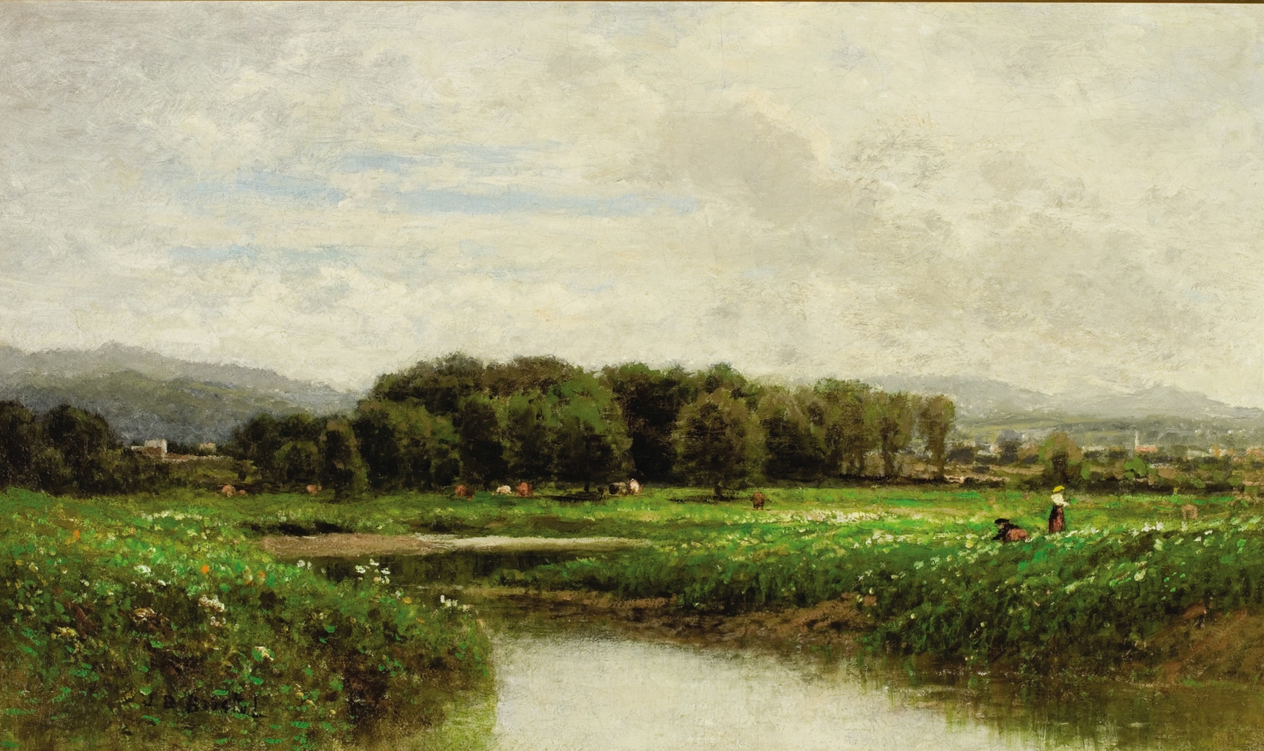 Pastoral Landscape by John Bunyan Bristol, oil on canvas depicting lush greenery and rolling hills.