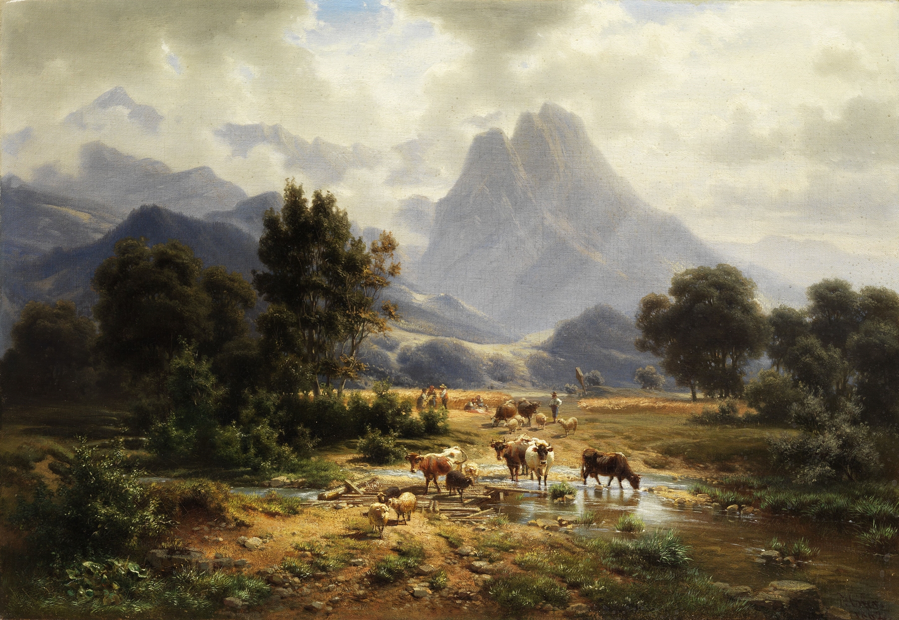 Gebirgslandschaft by Heinrich Höfer, oil painting of mountains and stormy sky