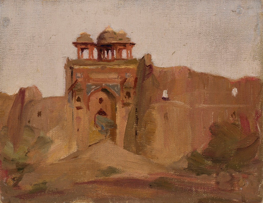 A painting depicting an Indian temple surrounded by lush greenery.
