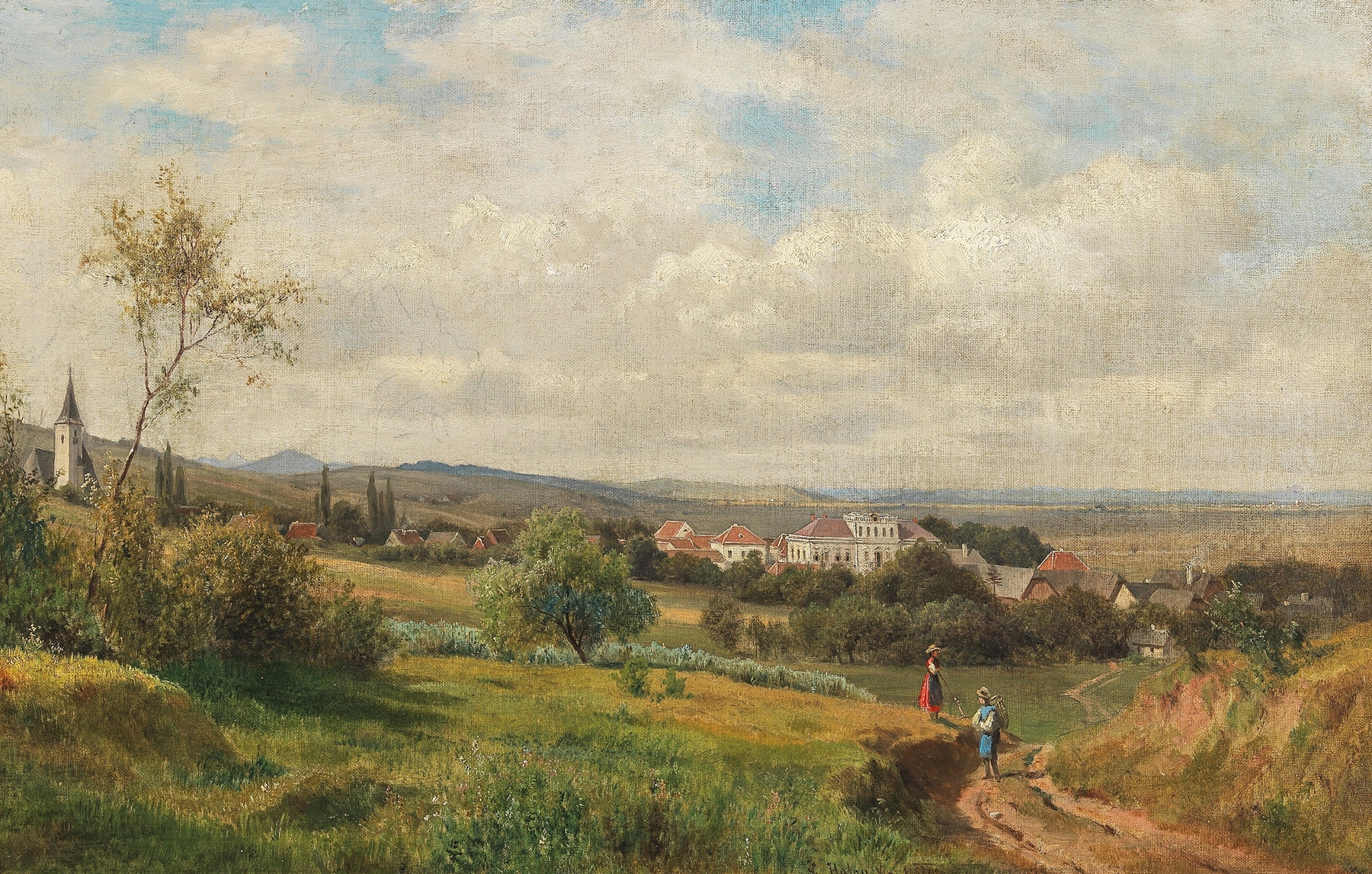 Landscape oil painting by Ludwig Halauska featuring Tulbing Castle and hills