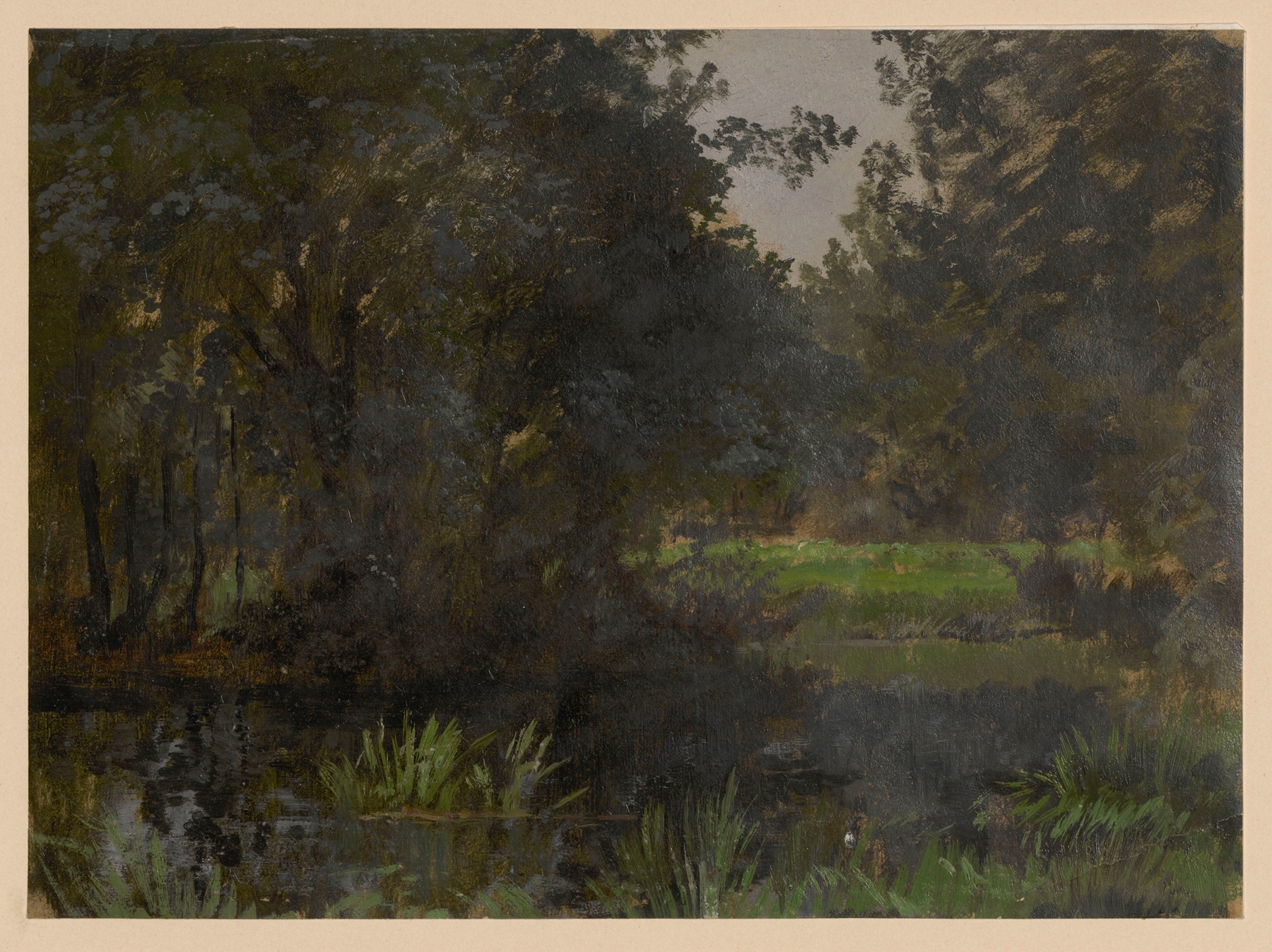 Scrub-land by the Spree, oil painting by Adolf Dressler, depicting a lush landscape with a river.