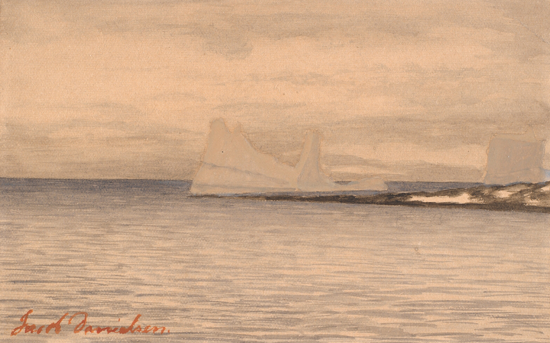 Landscape of icebergs with shadows, created by Jacob Danielsen, medium unknown.