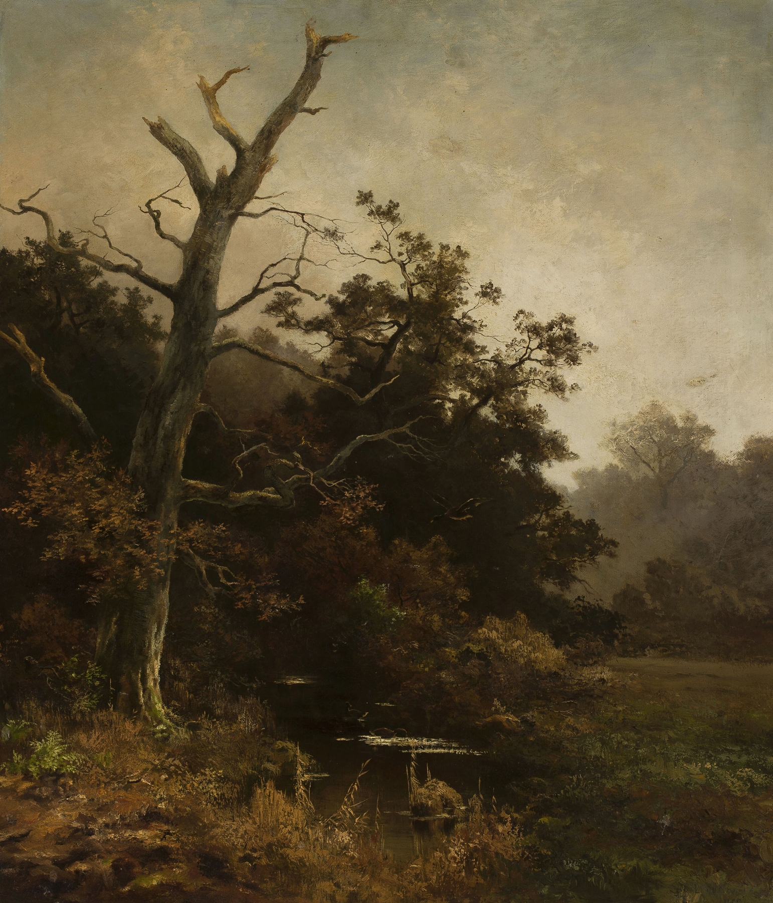 Withered tree on a river bank, oil painting by Ludwig Willroider