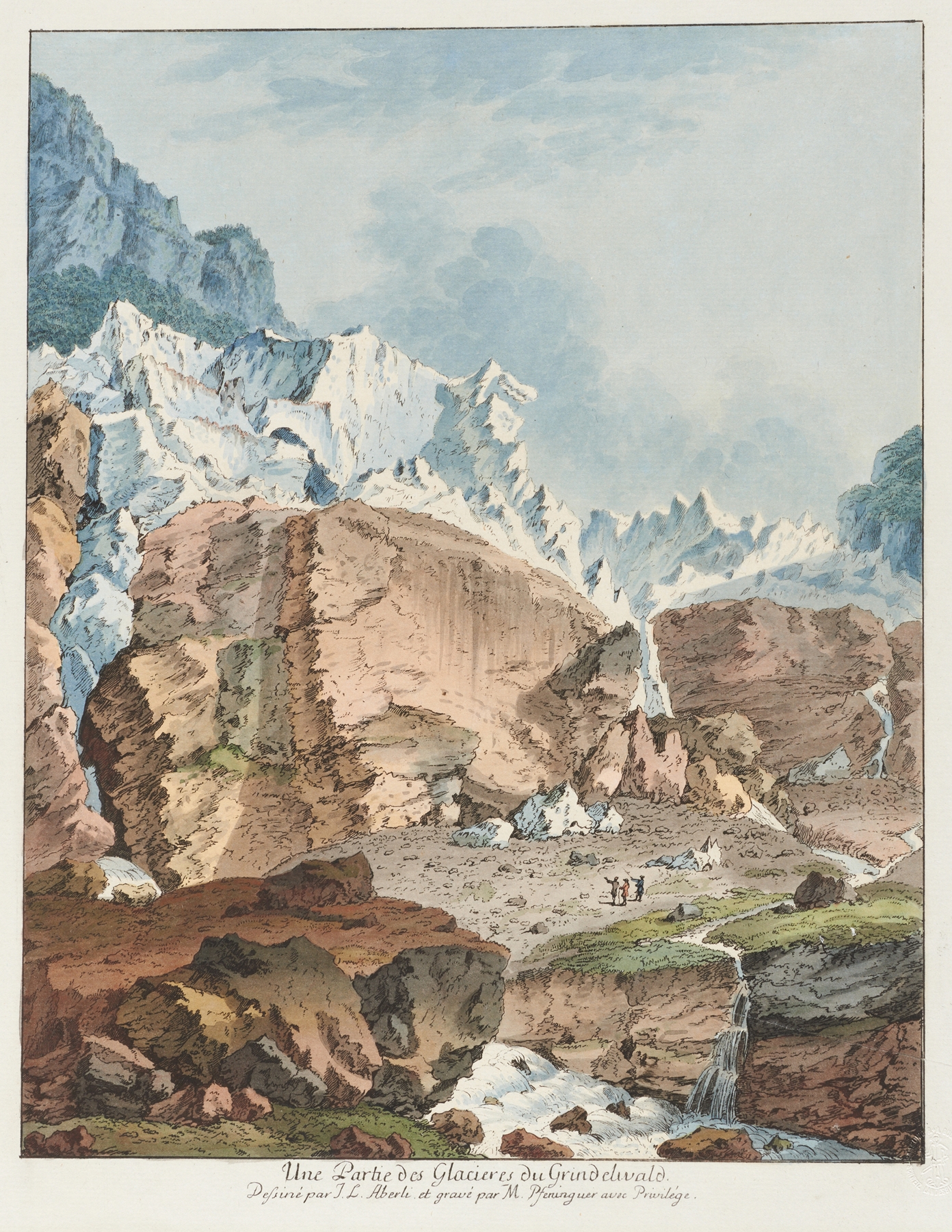 Engraving by Johann Ludwig Aberli depicting glaciers and mountains in a landscape