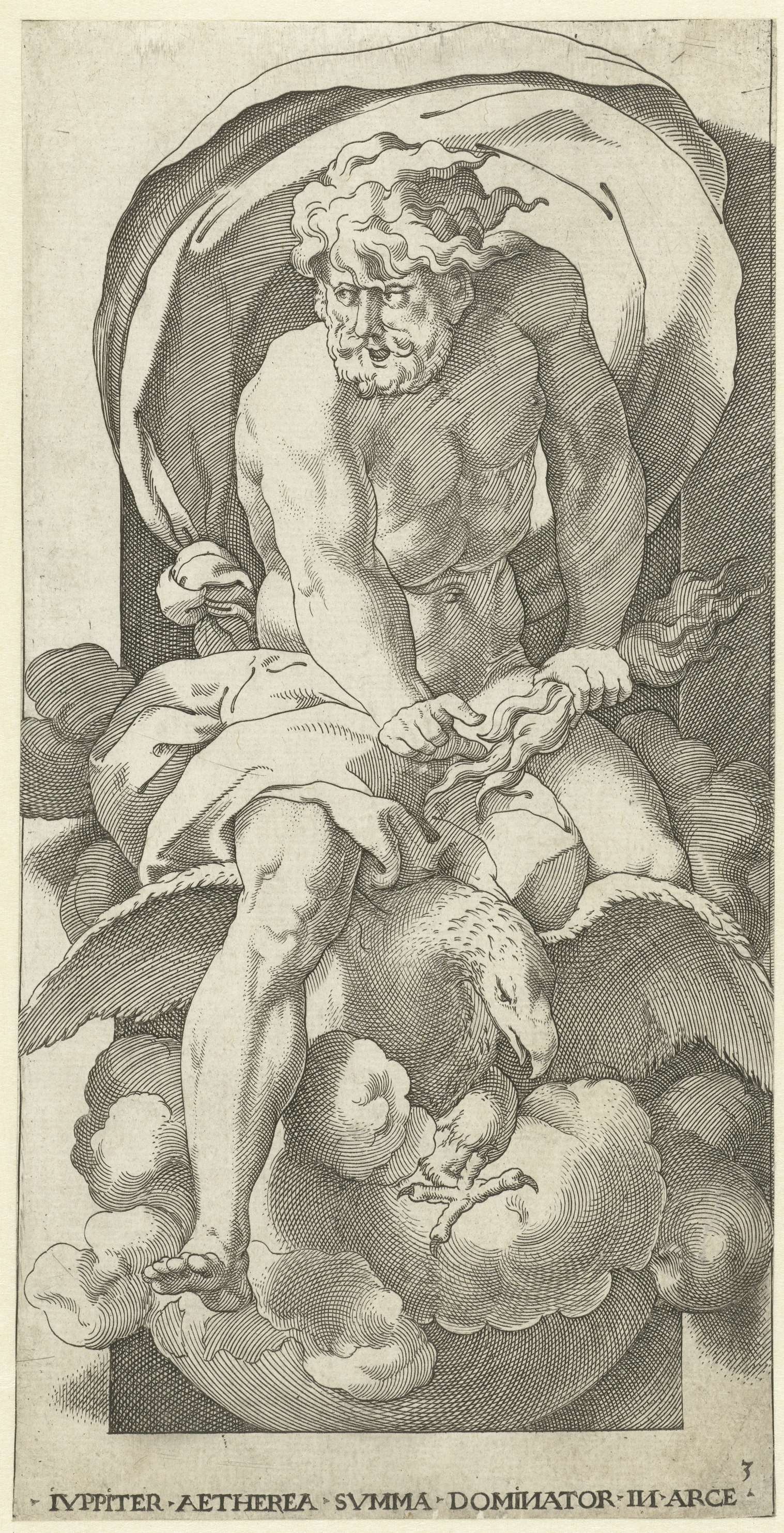 Engraving by Jacob Binck depicting Jupiter with lightning and an eagle in a celestial scene.