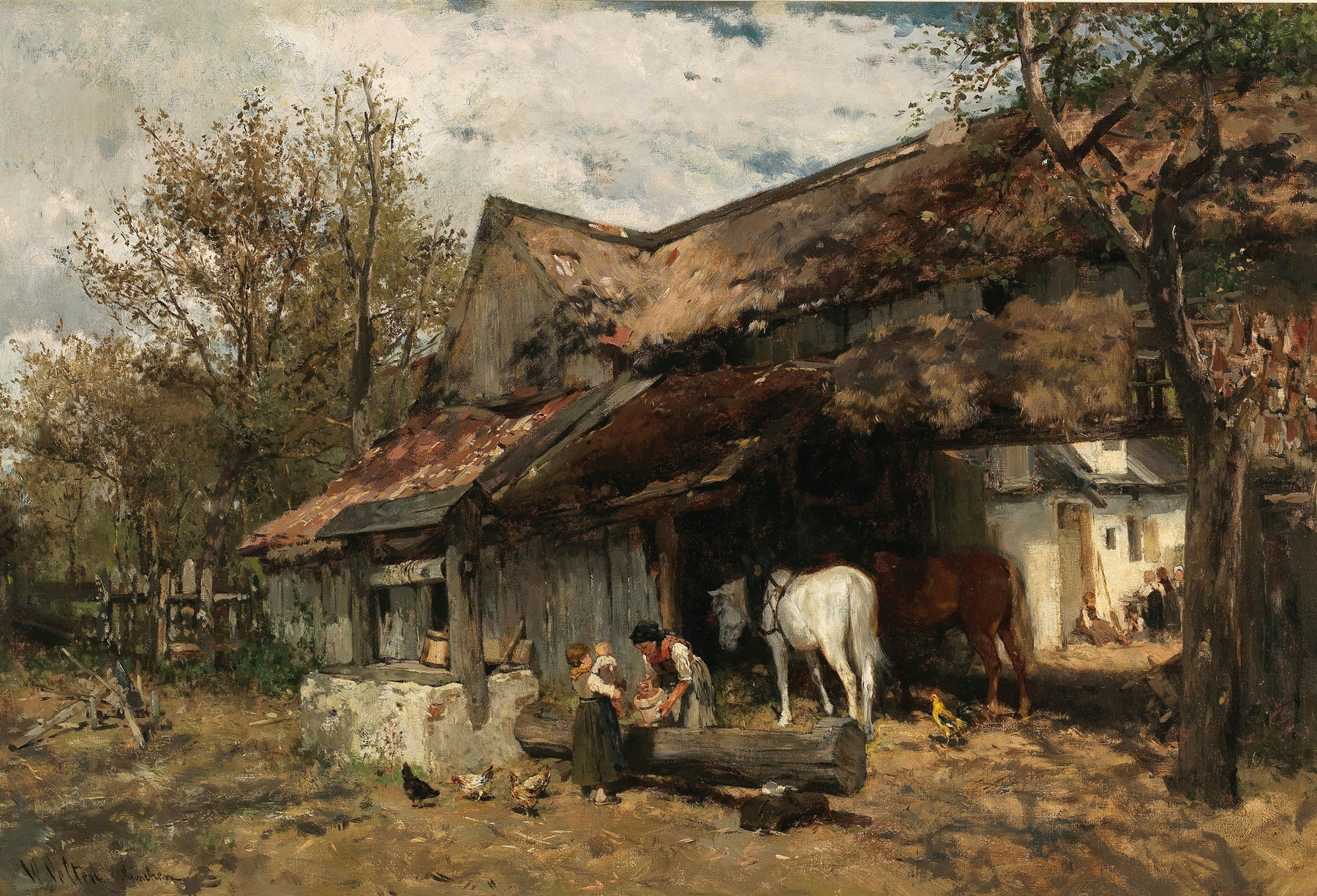 A cow grazes in a farmyard, oil painting by Wilhelm Velten