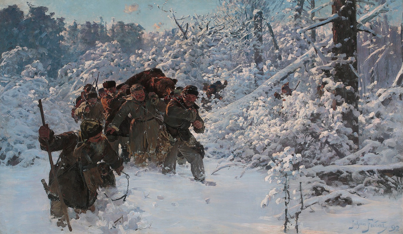 A detailed depiction of a bear hunt scene by Julian Falat.