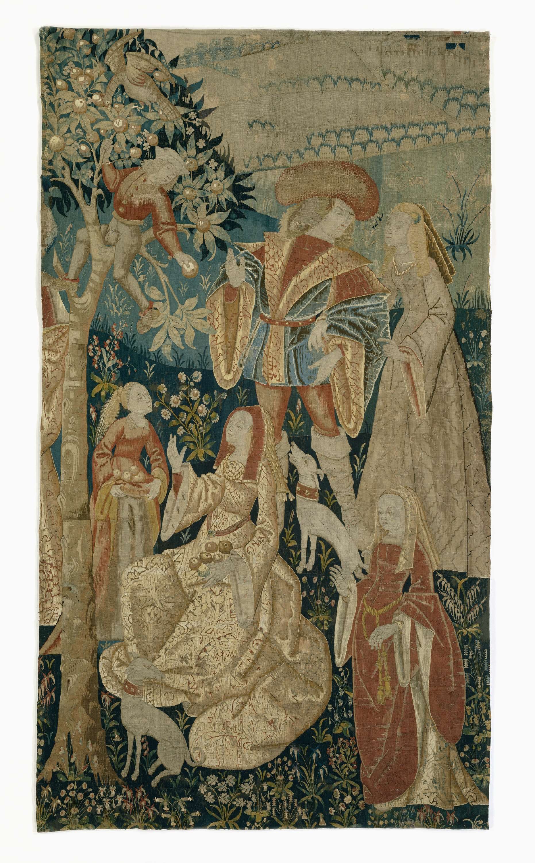 Tapestry by Unknown Artist depicting a figure reaching for an orange.