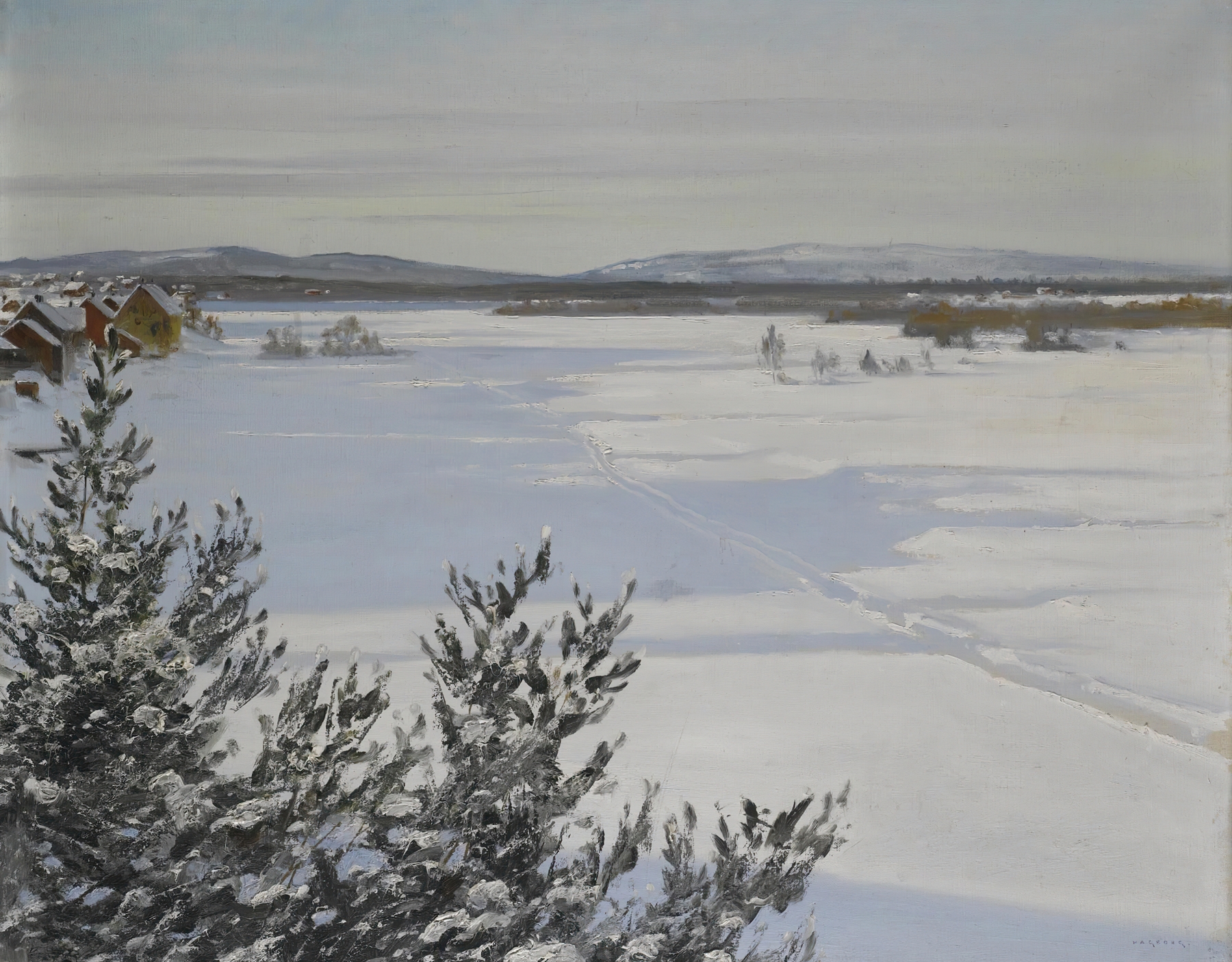 Snowy landscape by August Hagborg, oil on canvas, depicting a serene winter scene.