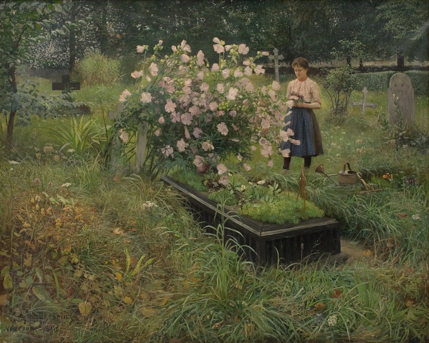 Graveyard Scene by Gottfrid Kallstenius, oil painting depicting tombstones in twilight.