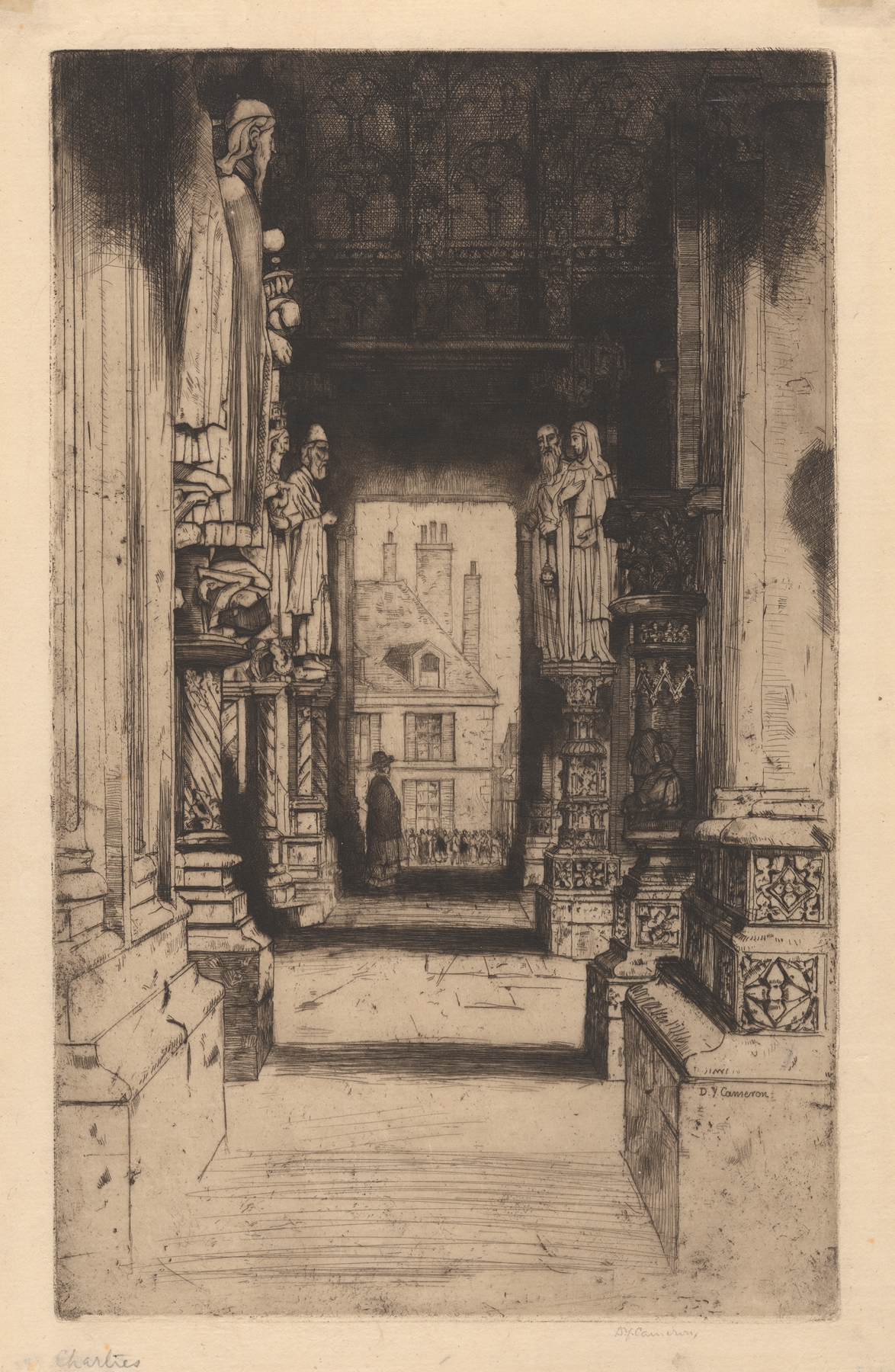 Engraving by David Young Cameron depicting tranquil architecture and a river