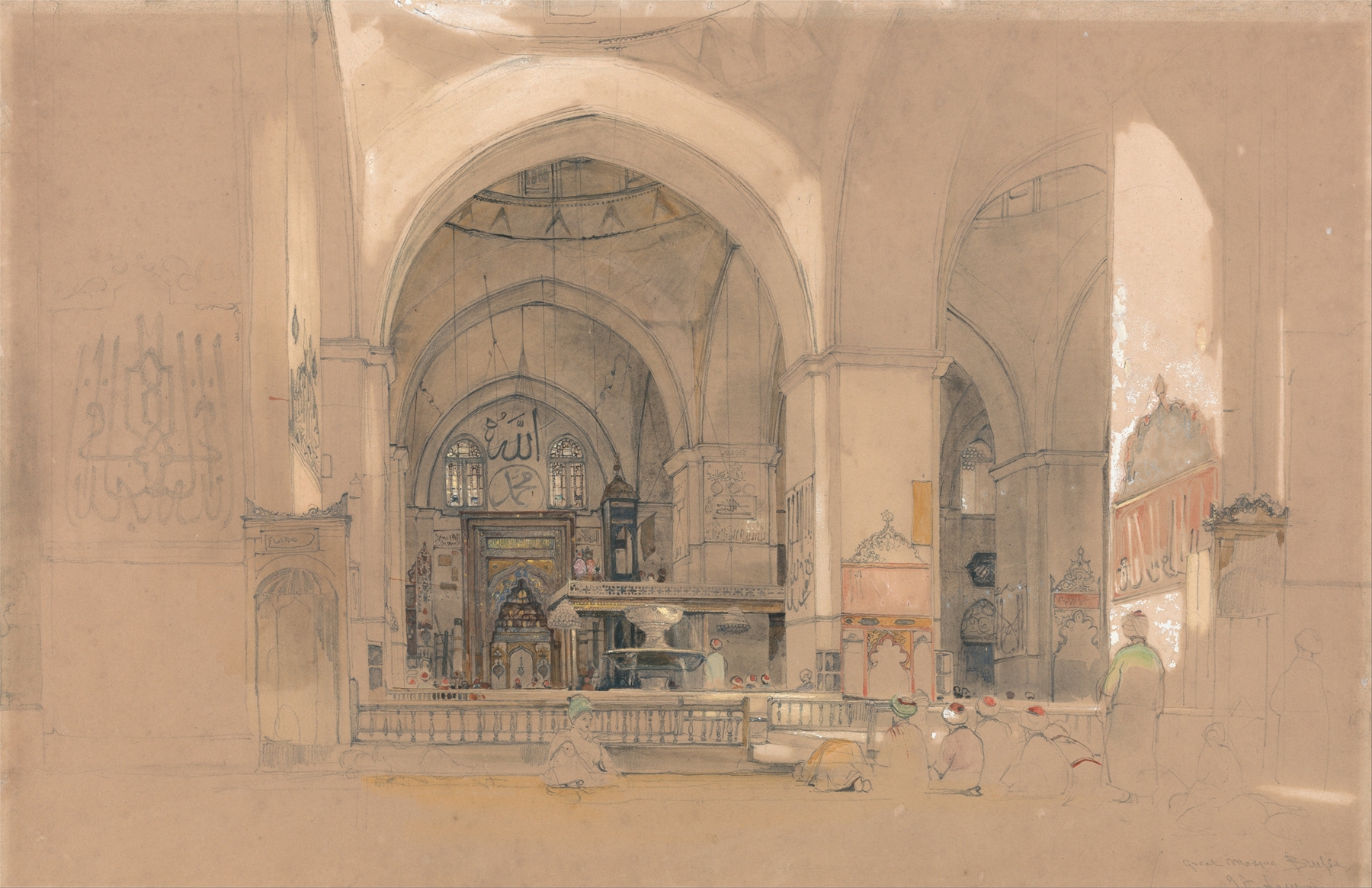 Interior of the Great Mosque, (Ulucami) Bursa, Turkey, by John Frederick Lewis, public domain