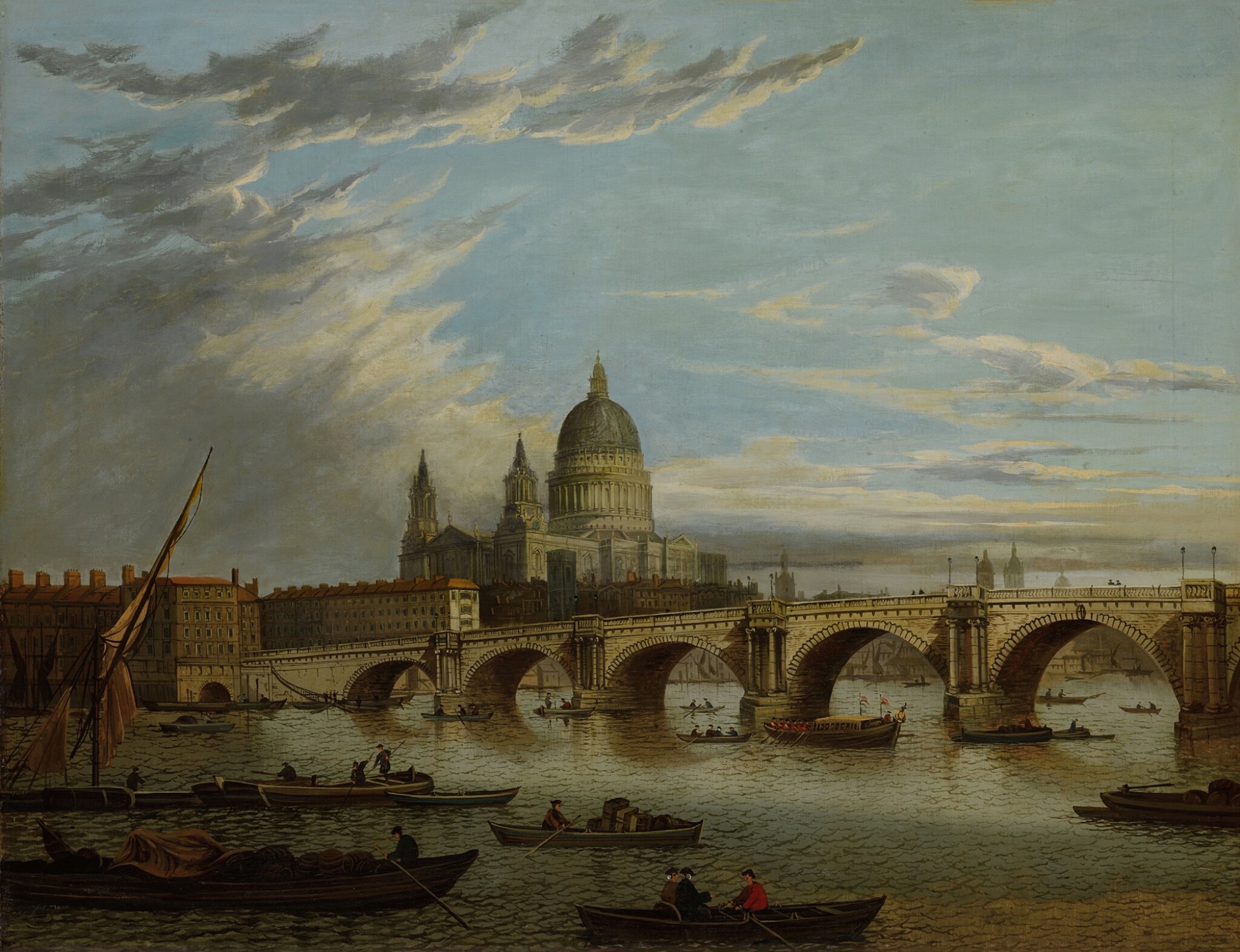 View of London Bridge, oil on canvas by John Paul, depicting a river and cityscape.