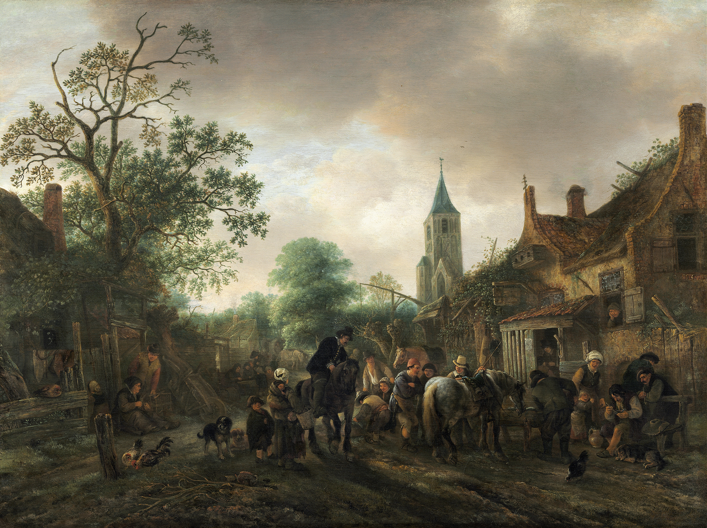 The Halt at the Inn by Isaac van Ostade, oil on panel depicting a cozy inn interior with warm light.