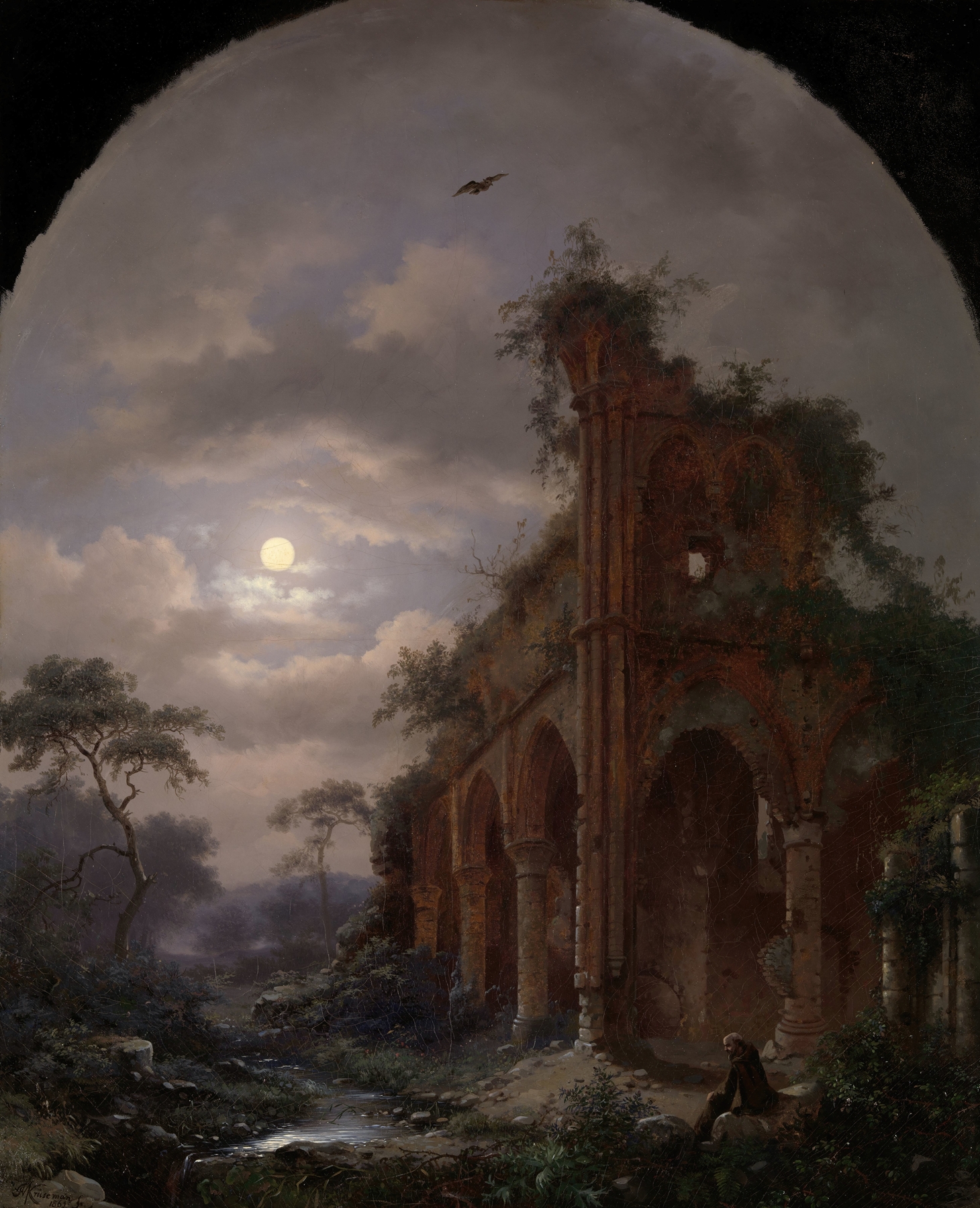 Monk meditating near ruins under moonlight, oil painting by Frederik Marinus Kruseman