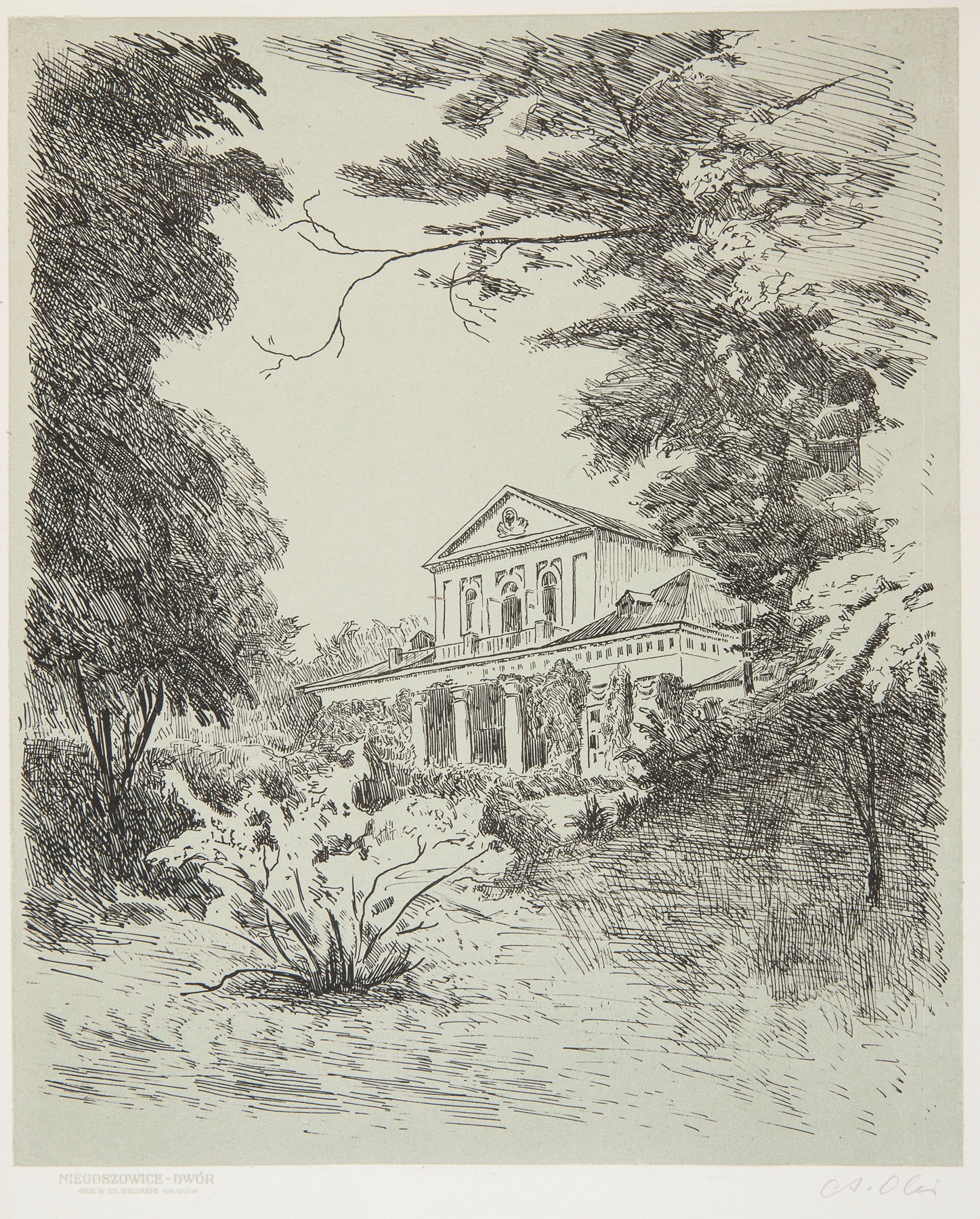 Niegoszowice – Dwór by Andrzej Zygmunt Oleś, oil on canvas depicting a manor.