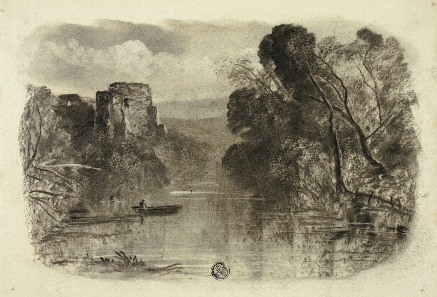 River with Castle Ruin and Boat I, by Elizabeth Murray, public domain