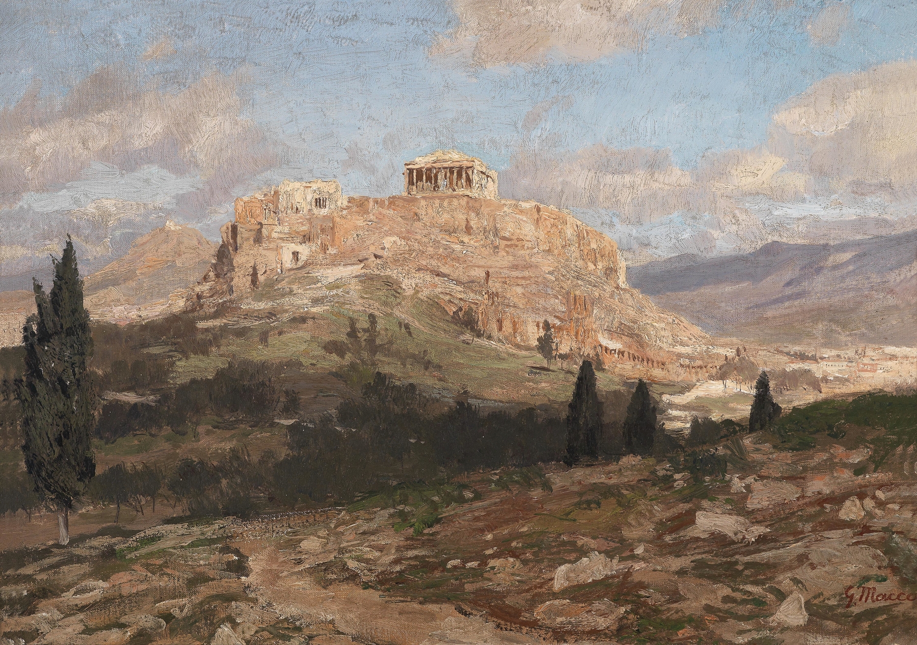 Akropolis by Georg Macco, oil on canvas, features ancient architecture illuminated by warm light.