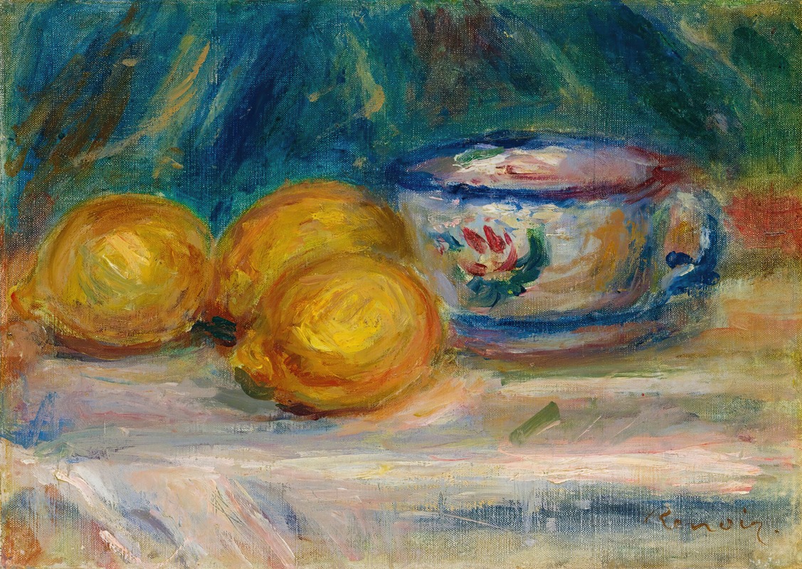 Renoir's still life features three lemons and a cup, showcasing vibrant colors and brushwork.