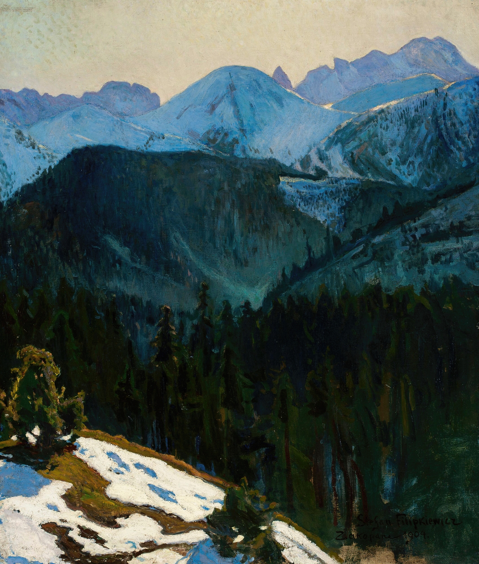 Tatra Mountain view by Stefan Filipkiewicz, oil on canvas depicting rugged peaks and valleys