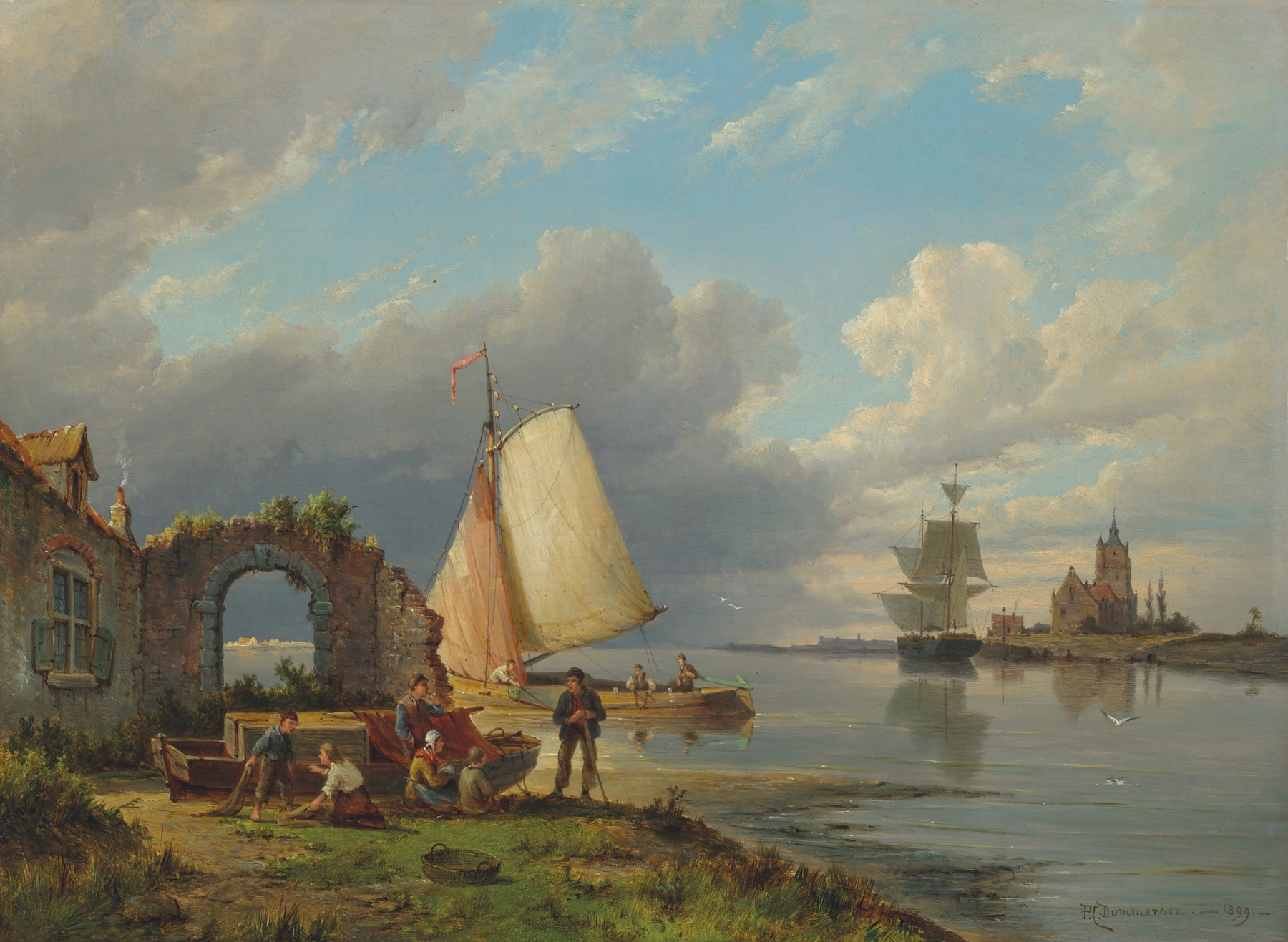 Oil on canvas by Pieter Christian Dommersen depicting a tranquil landscape with a river at dawn.