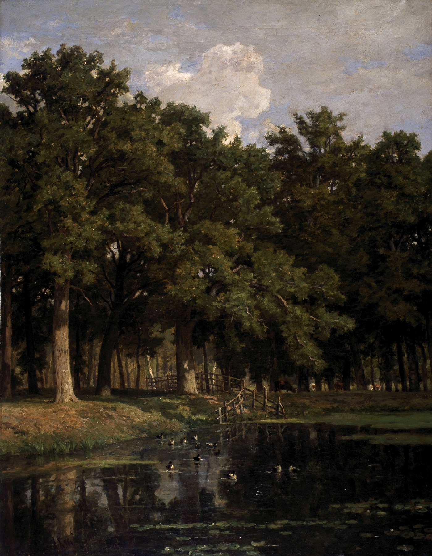 Woodland Pond by Frans Keelhoff, oil on canvas depicting a tranquil pond surrounded by trees.