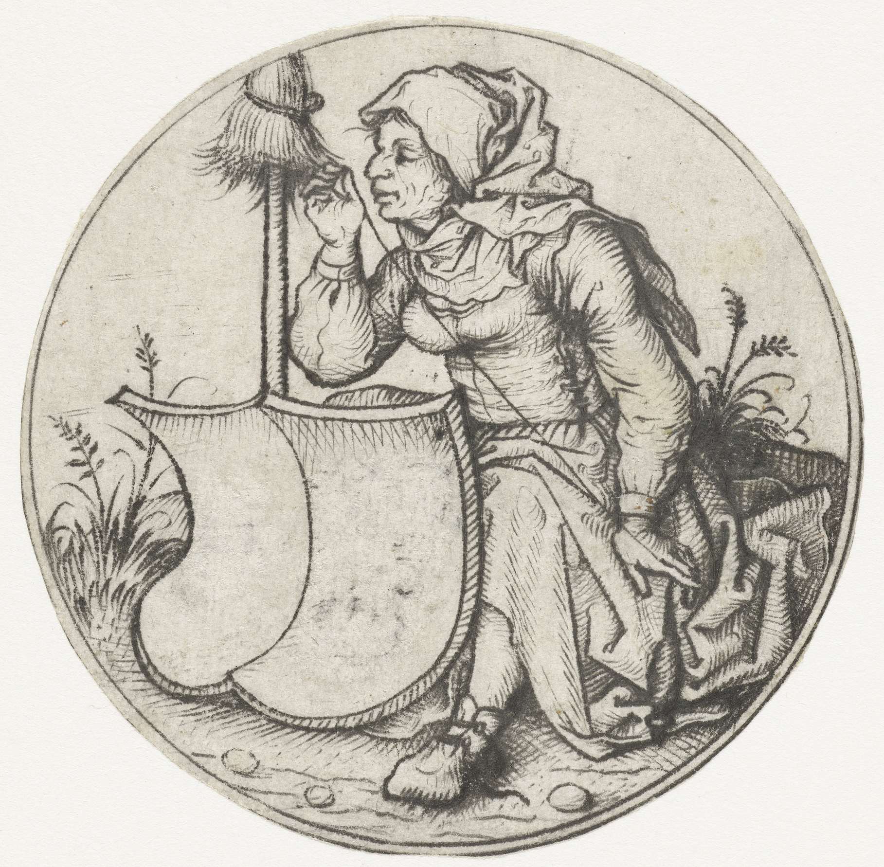 Drypoint by Meester van het Amsterdamse Kabinet depicting a woman spinning fibers.