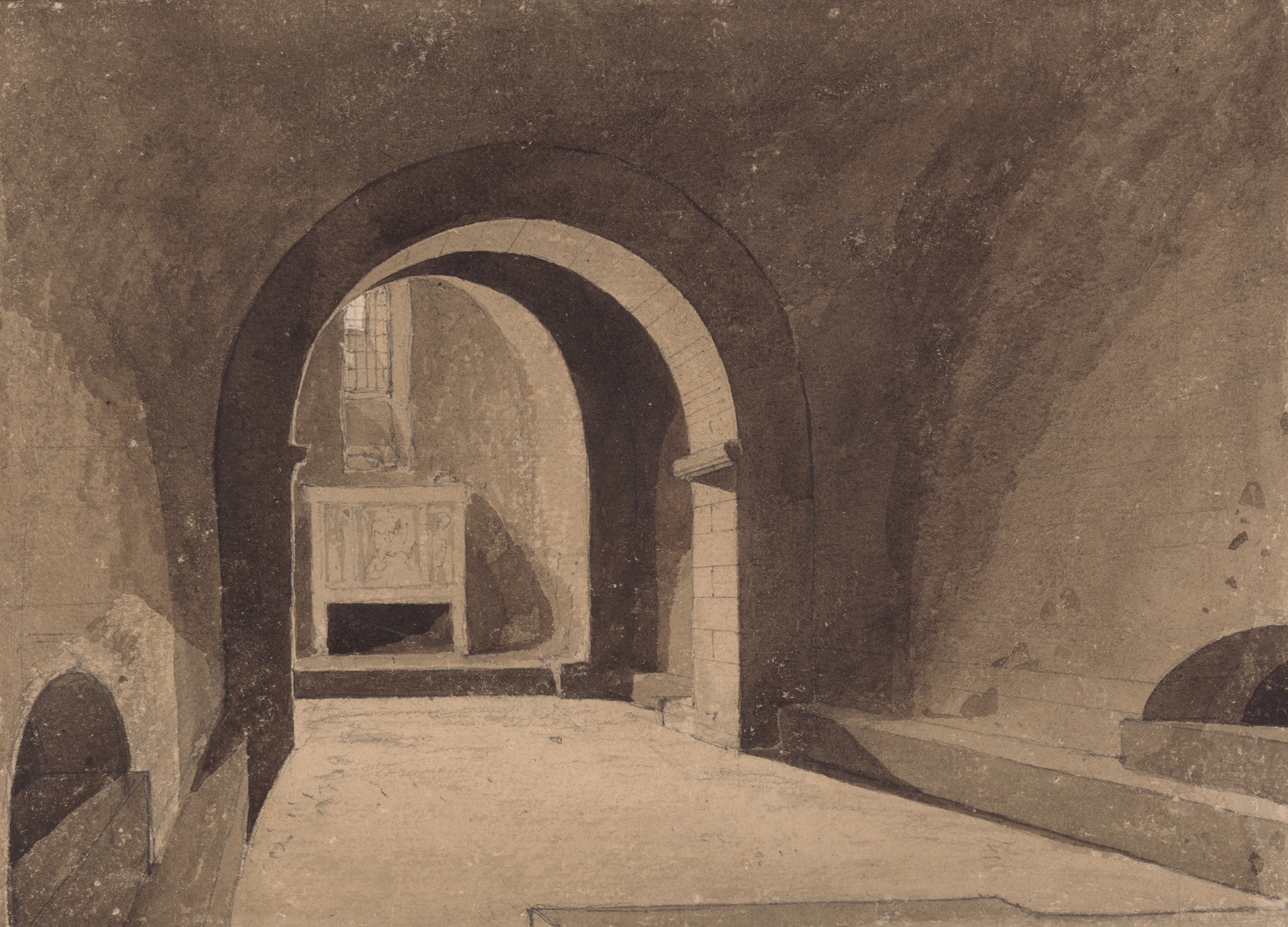 Watercolour by John Sell Cotman depicting the crypt of Saint Gervaise with intricate arches.