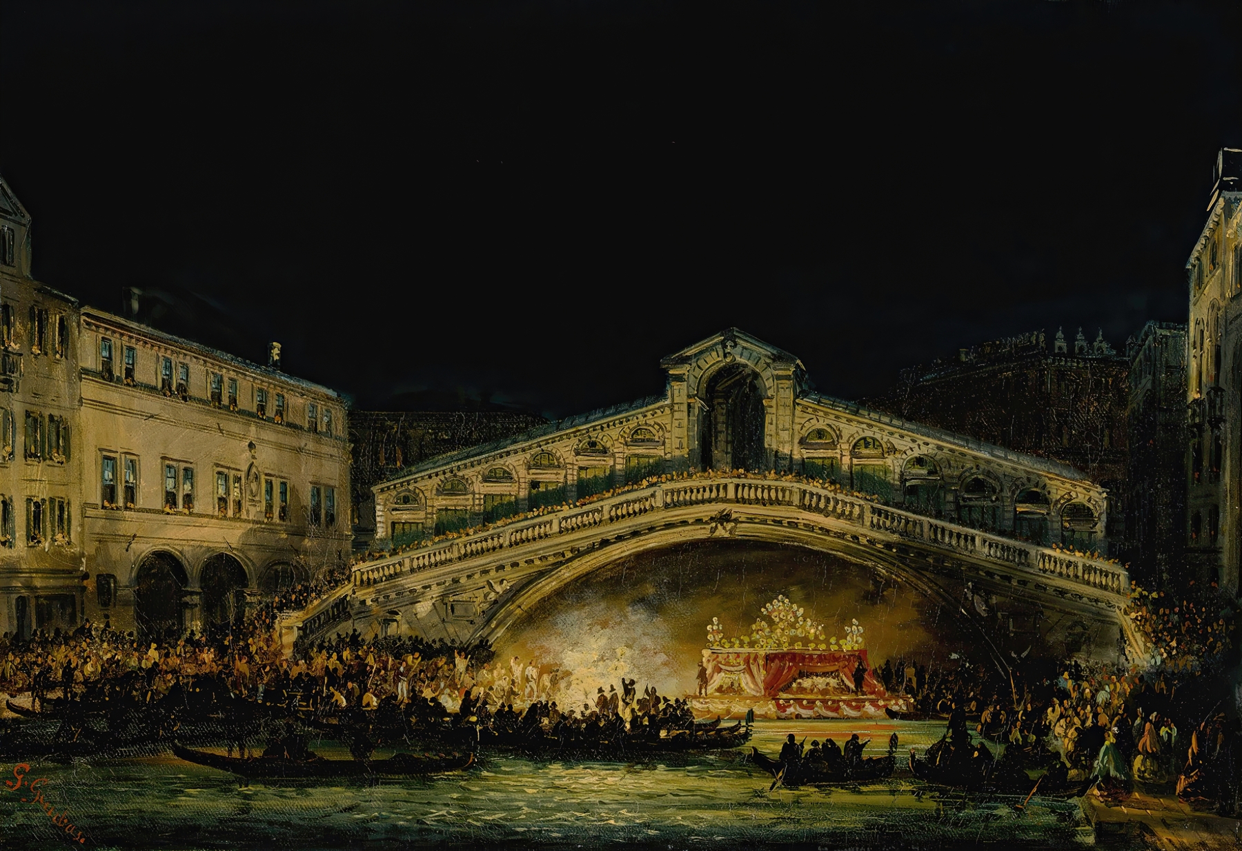 Nocturnal Venetian scene, oil on canvas by Giovanni Grubacs