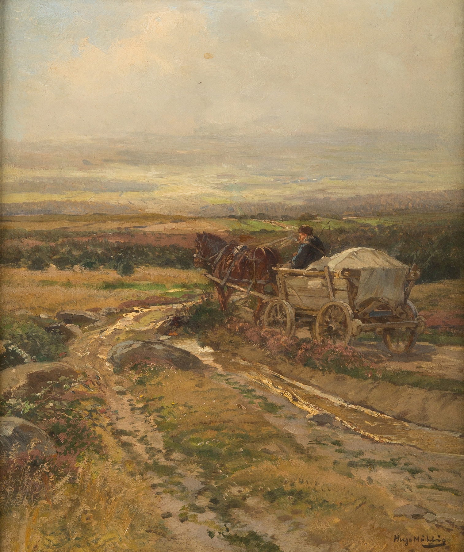 Horse cart on a hill, oil on canvas by Hugo Mühlig