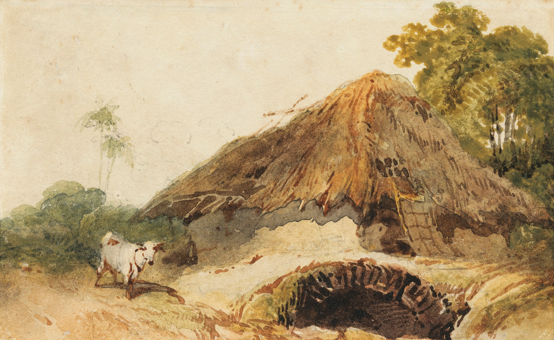 A Bengal landscape with a thatched dwelling and goat beside a bridge, oil on canvas by George Chinnery.