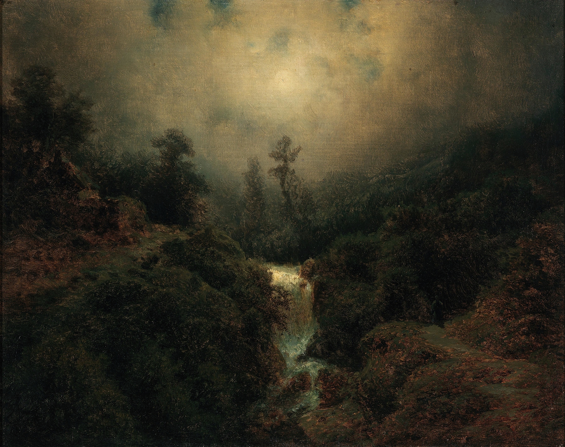 Romantische Mondlandschaft mit Wanderer by August Piepenhagen, oil painting depicting a moonlit landscape