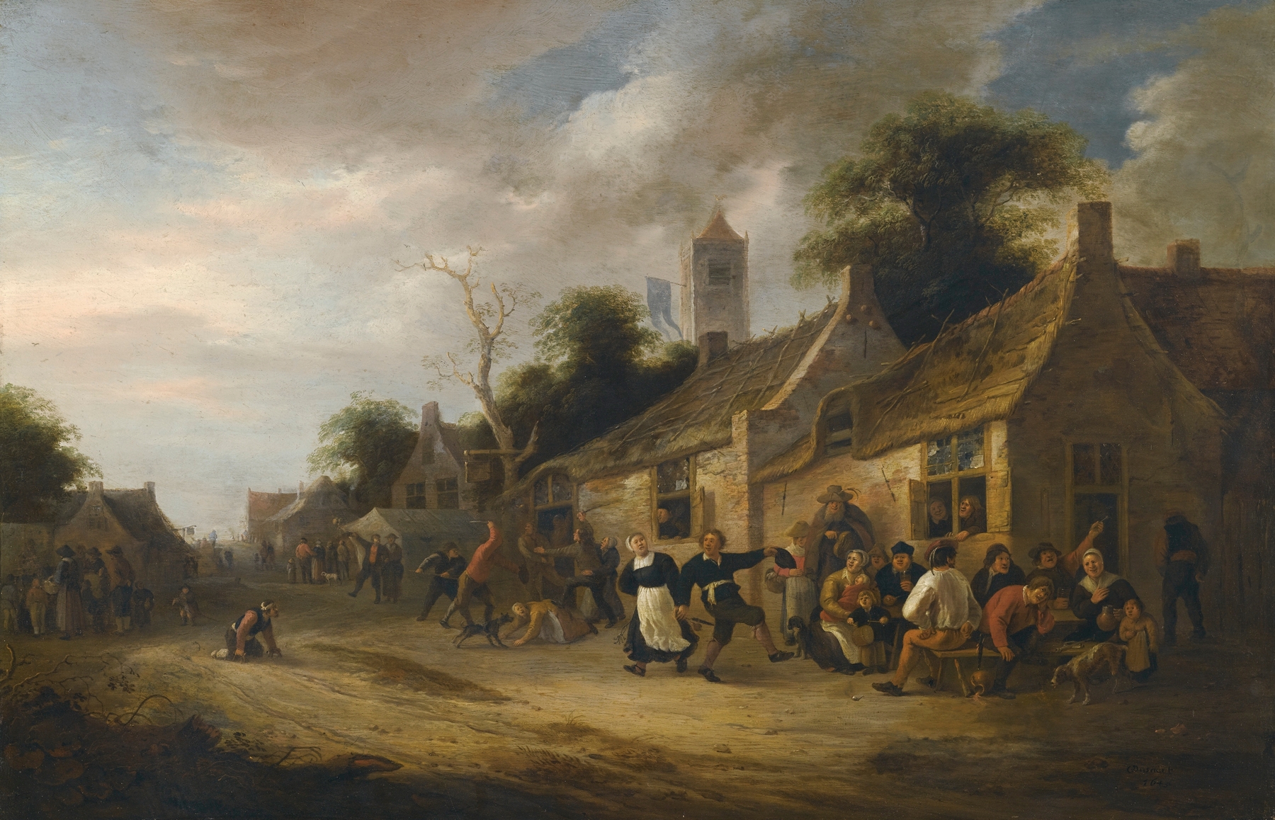 A Village Street Scene With Figures Dancing And Drinking, oil painting by Nicolaes Molenaer
