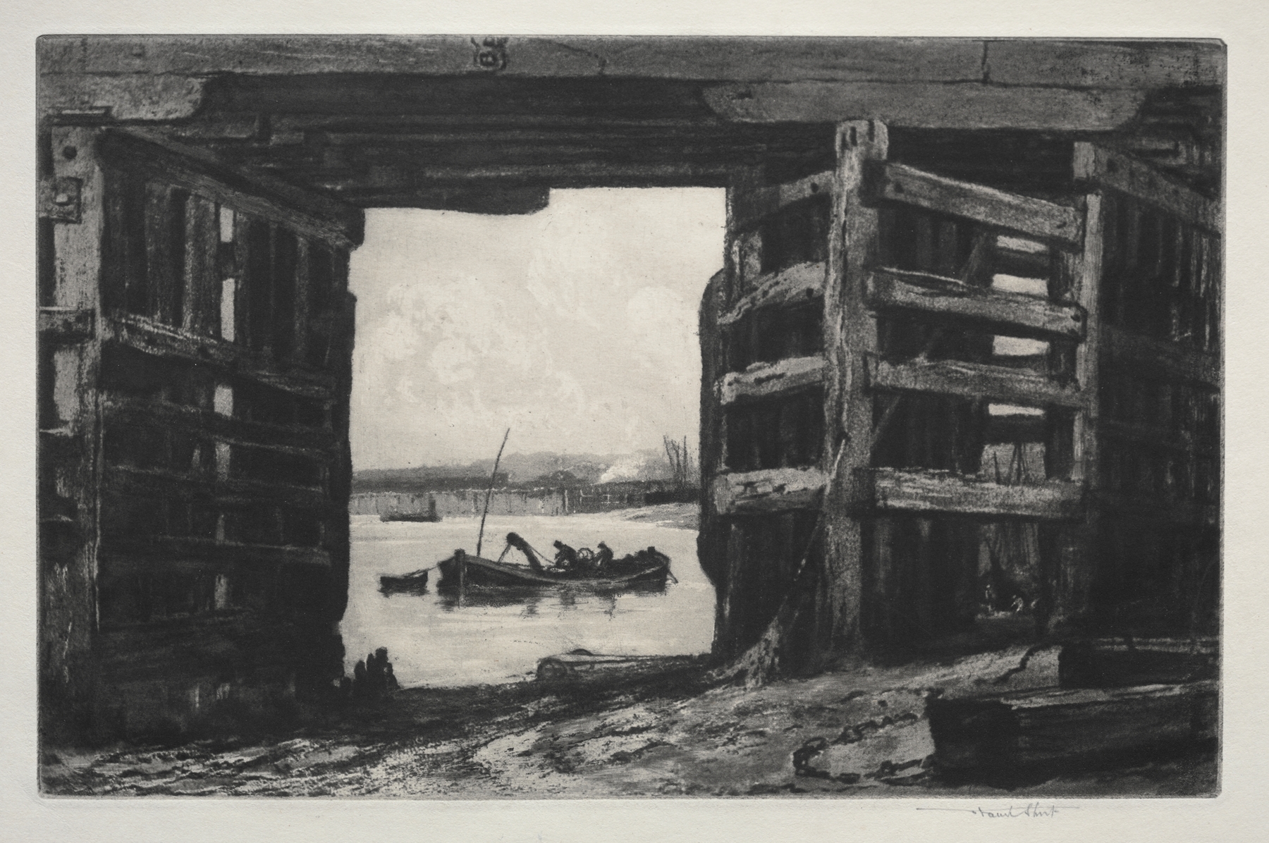 A Span of Old Battersea Bridge engraving by Sir Frank Short, featuring a misty landscape with a delicate arch bridge.