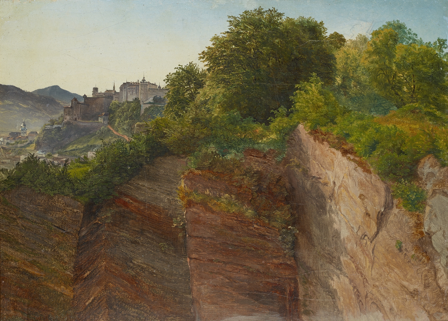 Landscape oil painting by Friedrich Loos depicting Hohensalzburg Fortress and mountains