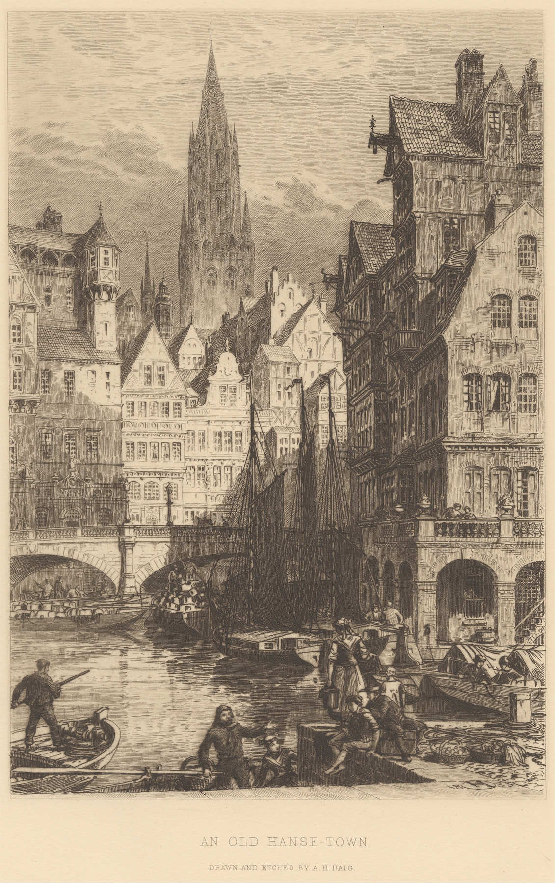 Engraving of An Old Hanse Town by Axel Herman Haig, showcasing intricate architecture and warm light