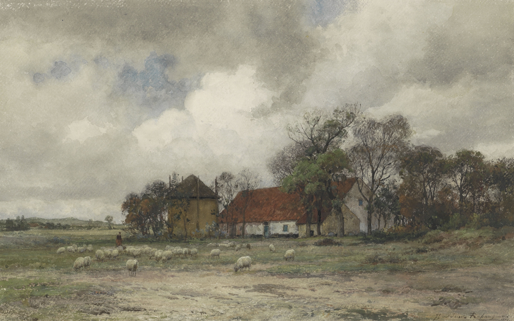 Landscape with farmhouse and shepherd with sheep, oil painting by Julius Jacobus van de Sande Bakhuyzen