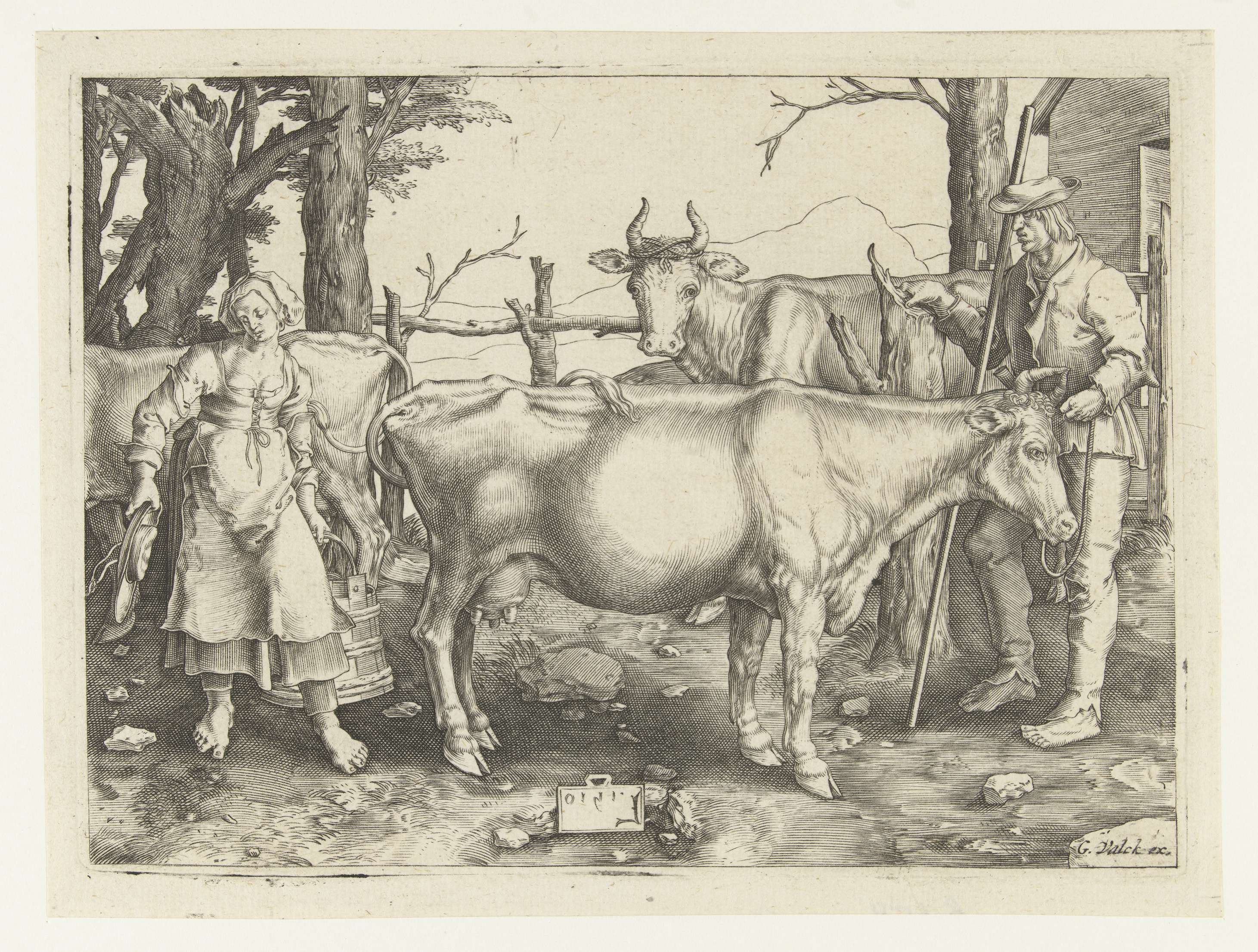 Engraving by Jan Harmensz. Muller depicting a woman pouring milk
