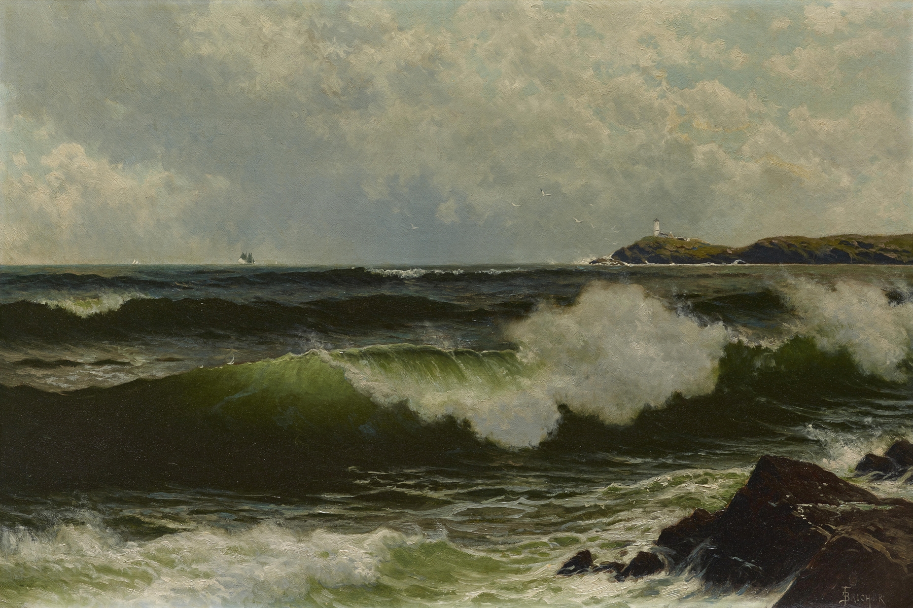 Seascape by Alfred Thompson Bricher, oil painting depicting calm waves and horizon.