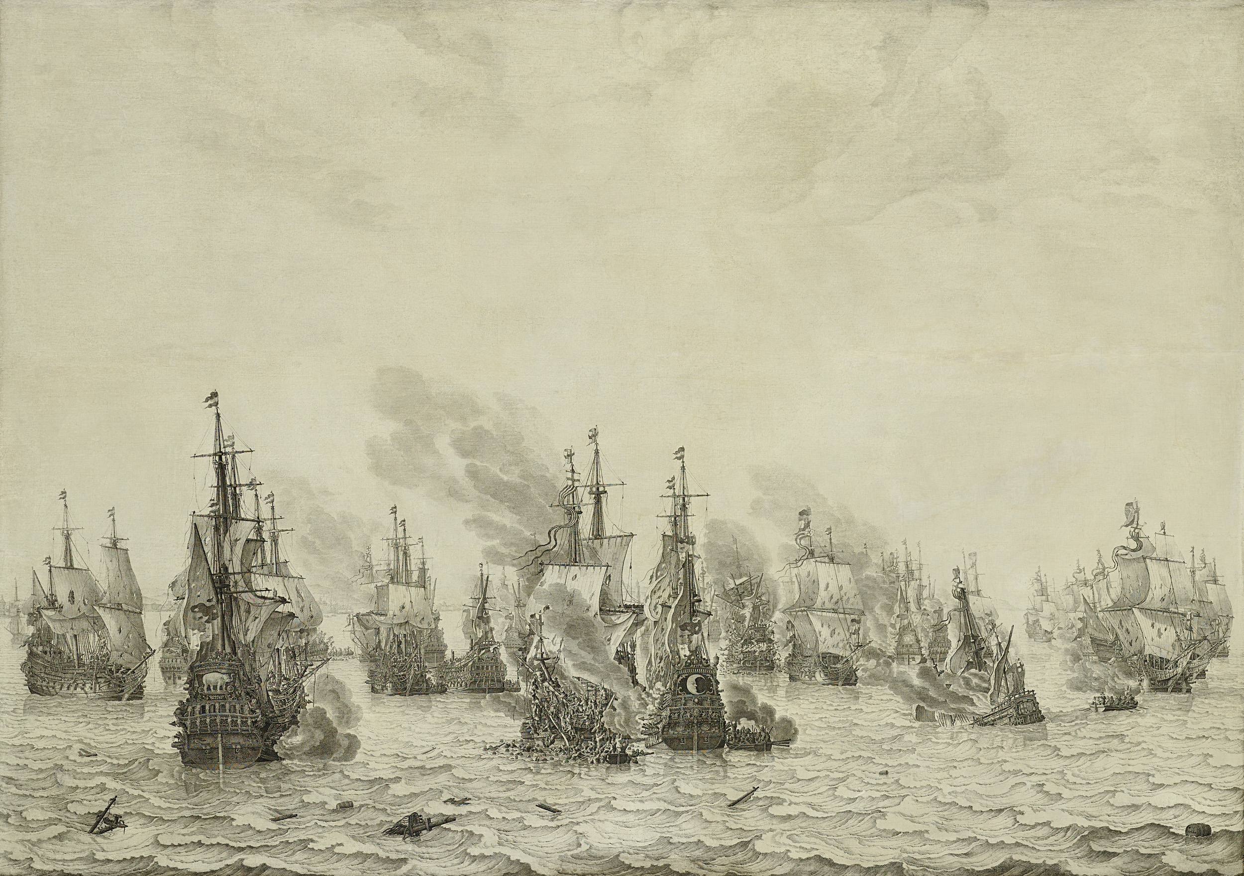 Historical scene of The Battle of Livorno by Willem van de Velde, pen painting