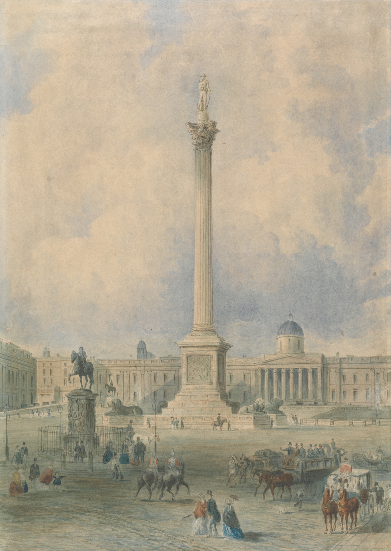 Trafalgar Square by George Hawkins, modernism, depicts a column in an urban setting