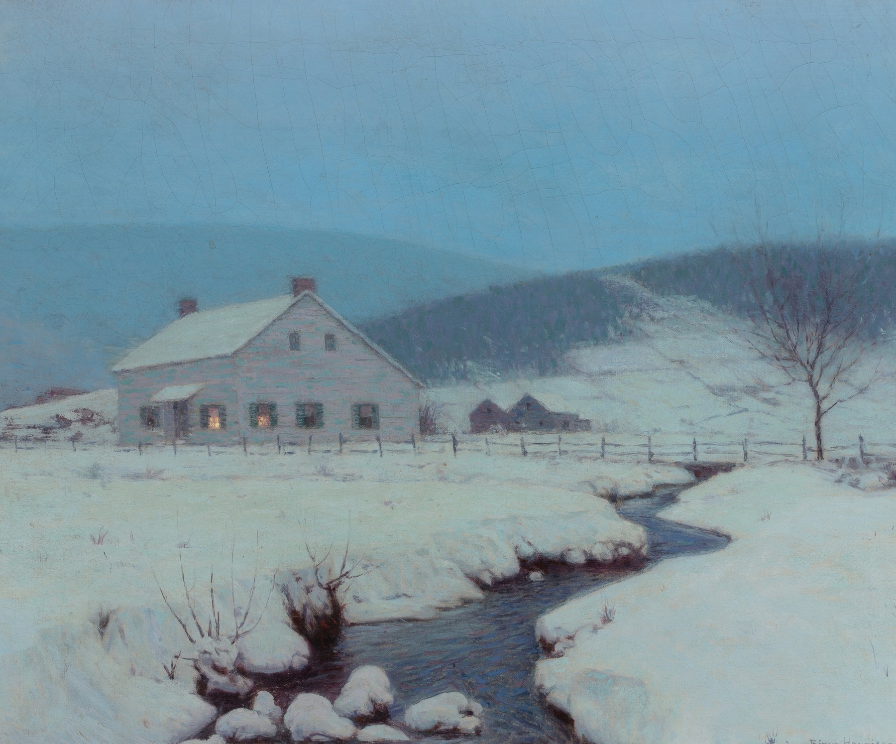 Dusk, Woodstock, New York by Birge Harrison, oil on canvas depicting a twilight forest