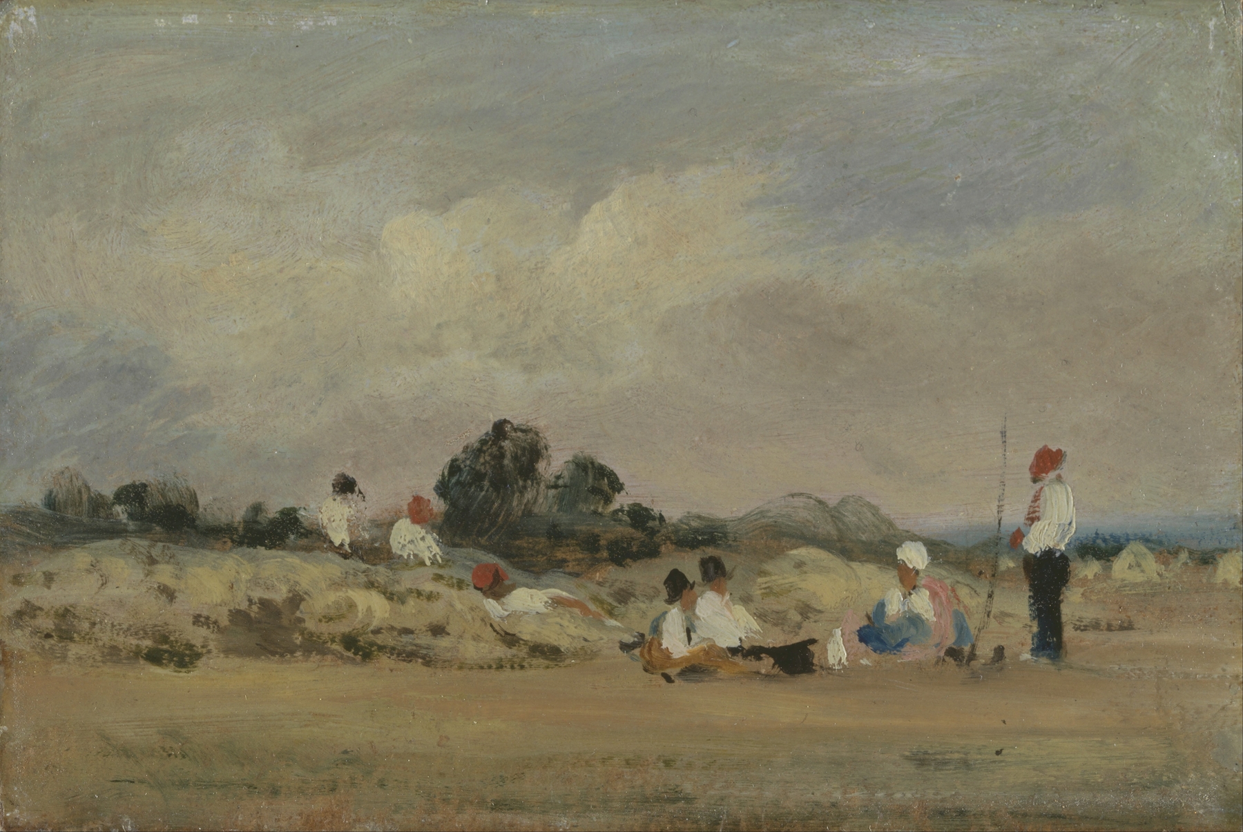 Haymakers Resting oil painting by Frederick Waters Watts showing laborers resting on grass.