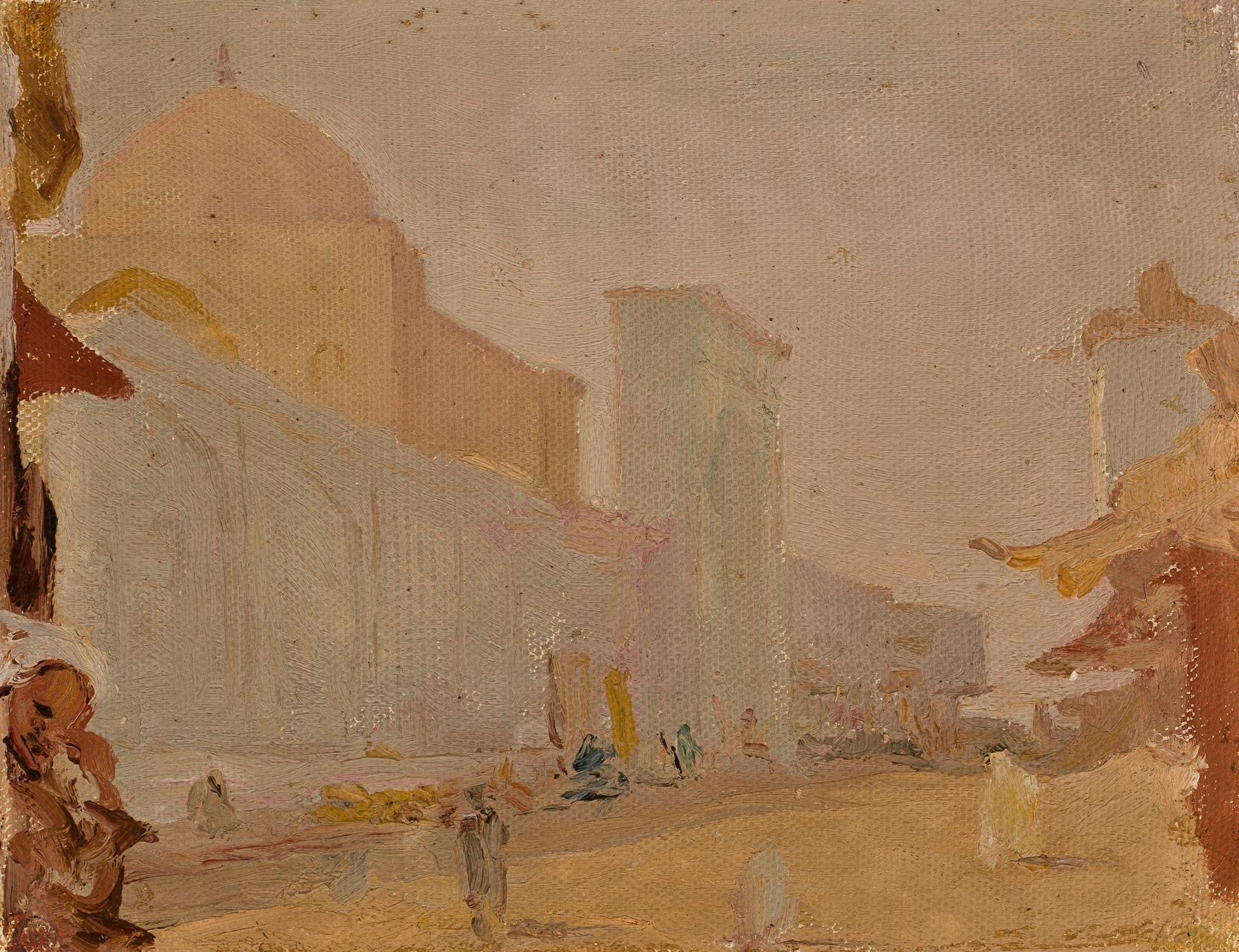 Old Tashkent by Jan Ciągliński, depicting terracotta buildings and azure skies, oil painting.