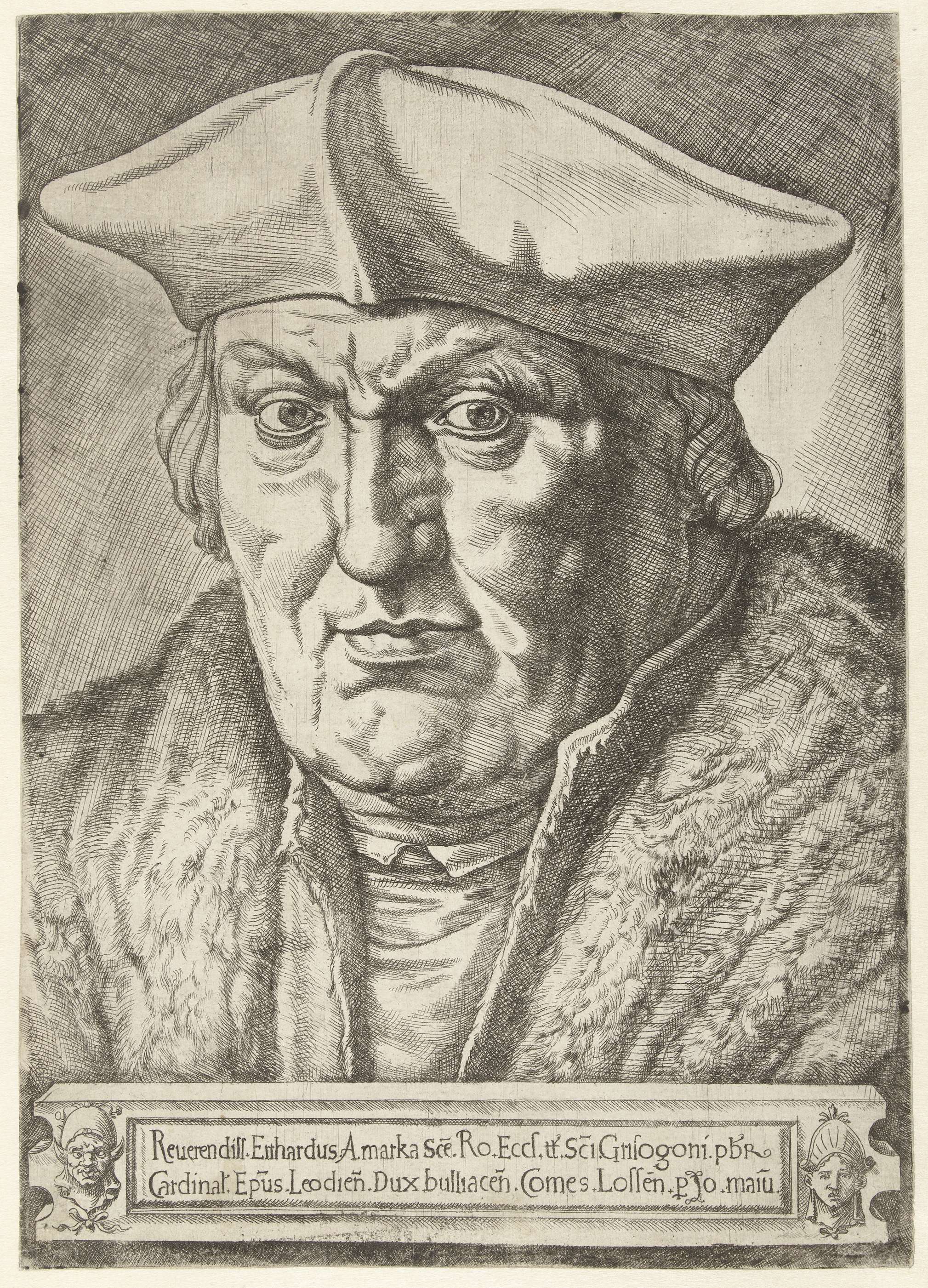 Portret van Erard de la Marck, etching by Jan Cornelisz Vermeyen, depicting a noble figure in ornate garments.