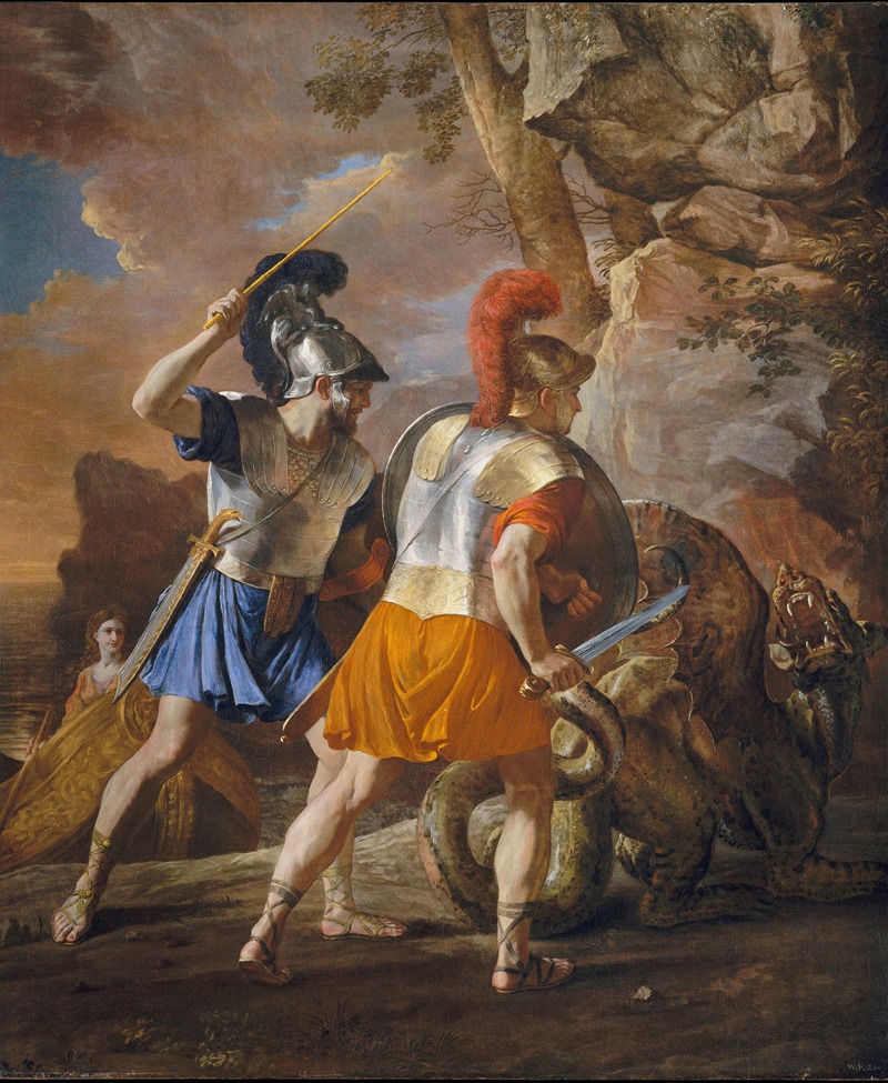 Nicolas Poussin's 'The Companions of Rinaldo' depicts a mythological scene with rich colors and dynamic figures.