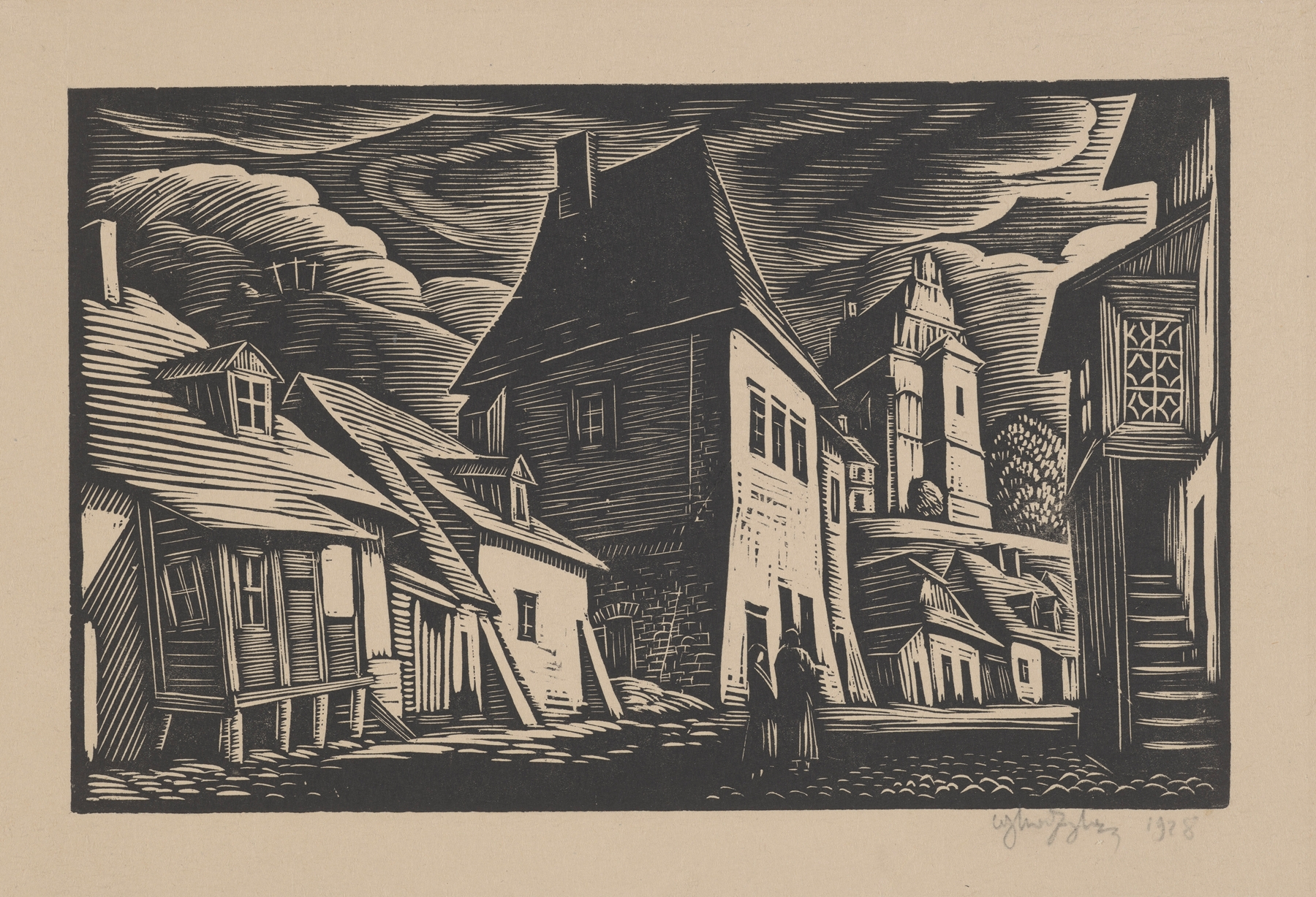 Landscape of Kazimierz with a cobbled street, by Władysław Skoczylas, medium unknown.