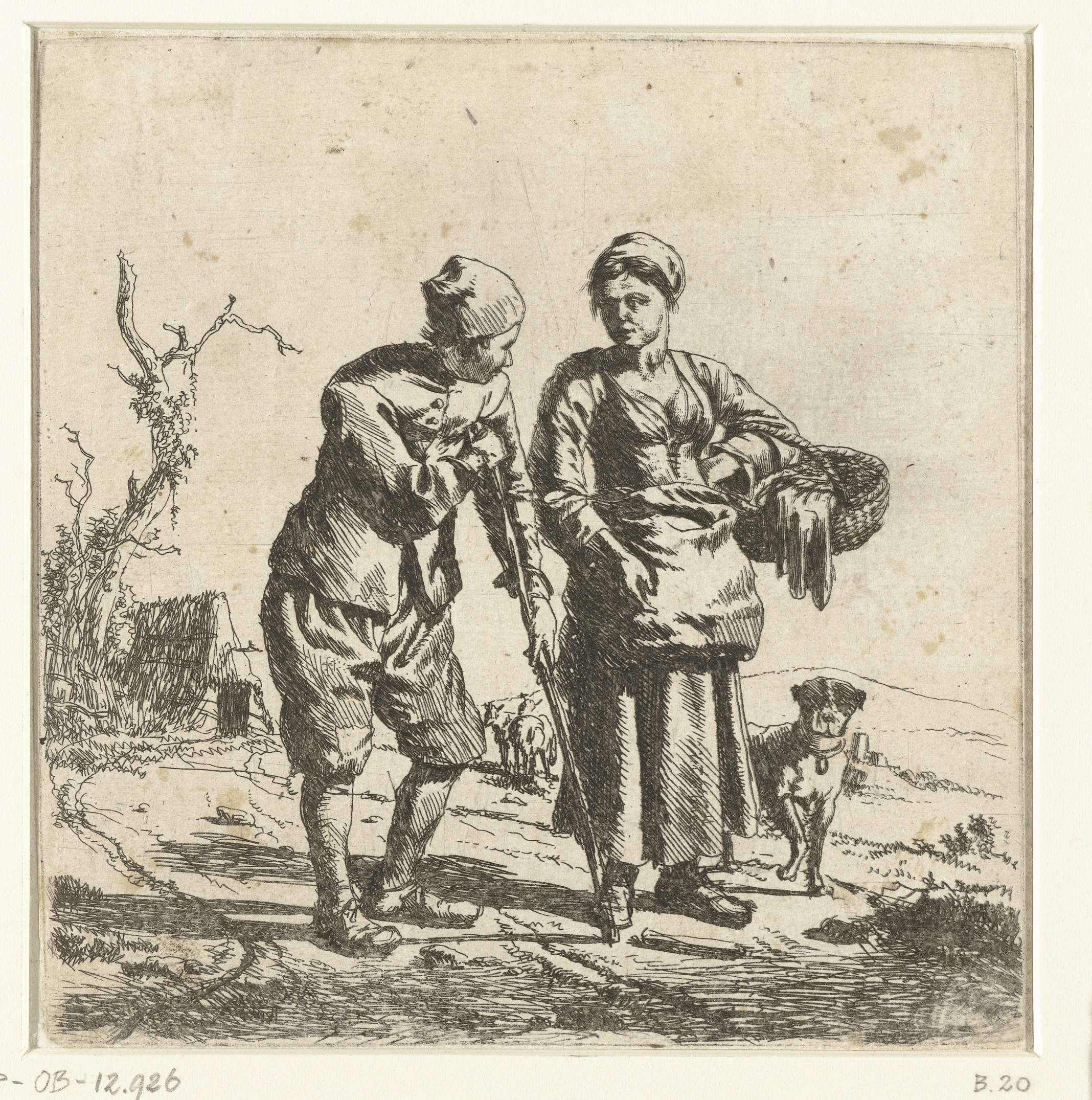 Etching by Adriaen van de Velde depicting a farmer and woman in conversation.