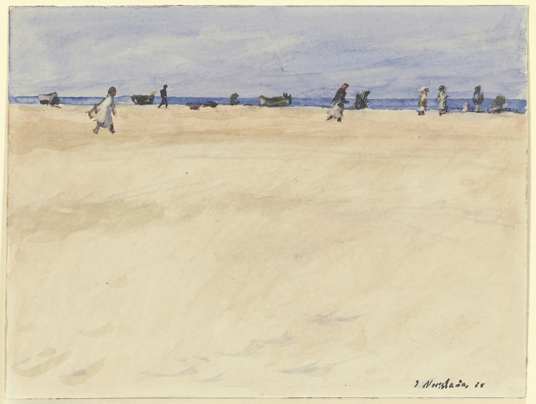 Marine scene depicting a beach with waves and silhouettes, oil on canvas by Jakob Nussbaum